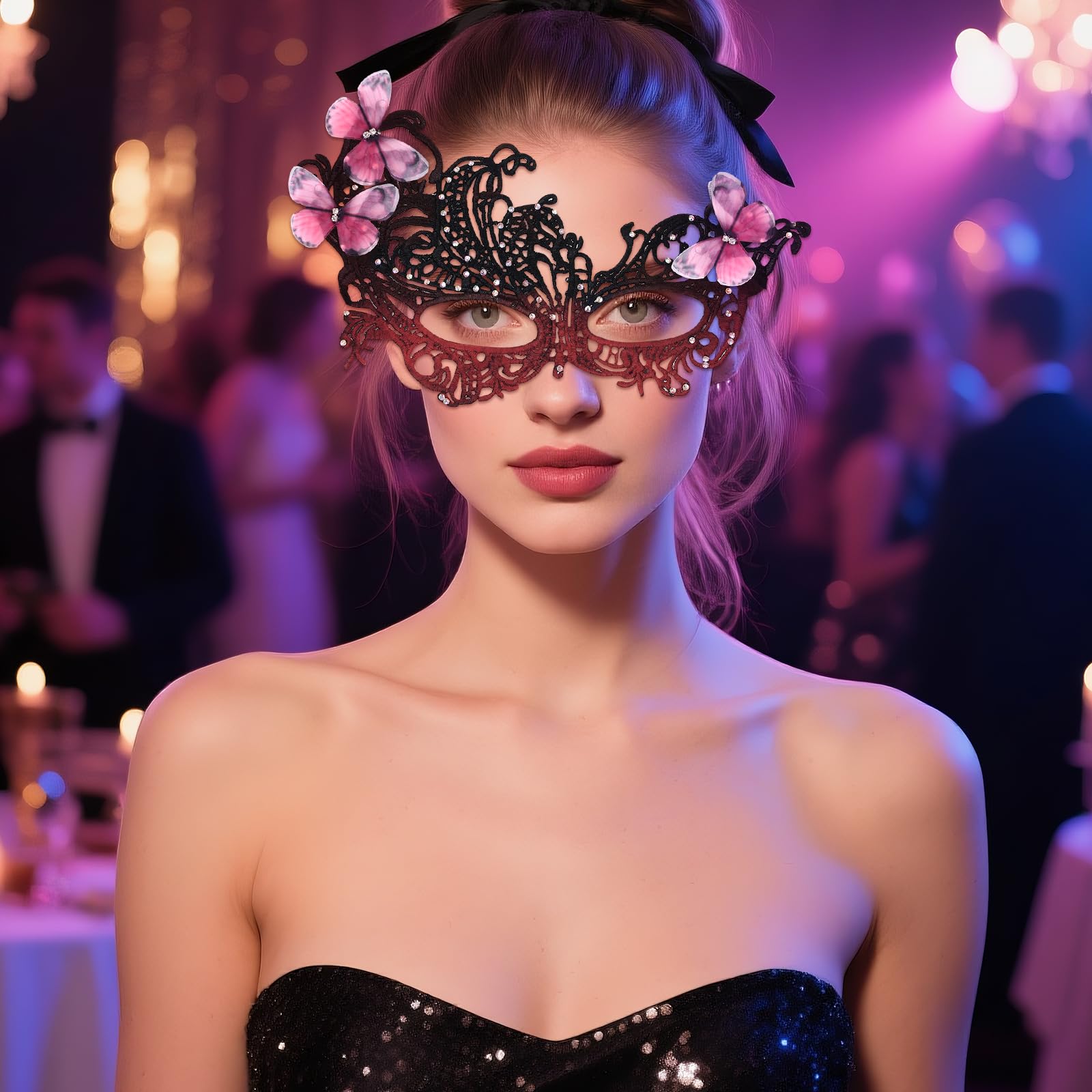 JewelryWe Women's Lace Masquerade Masks: Butterfly Mask with Rhinestone Adjustable Costume Accessories for Halloween Cosplay - Image 2