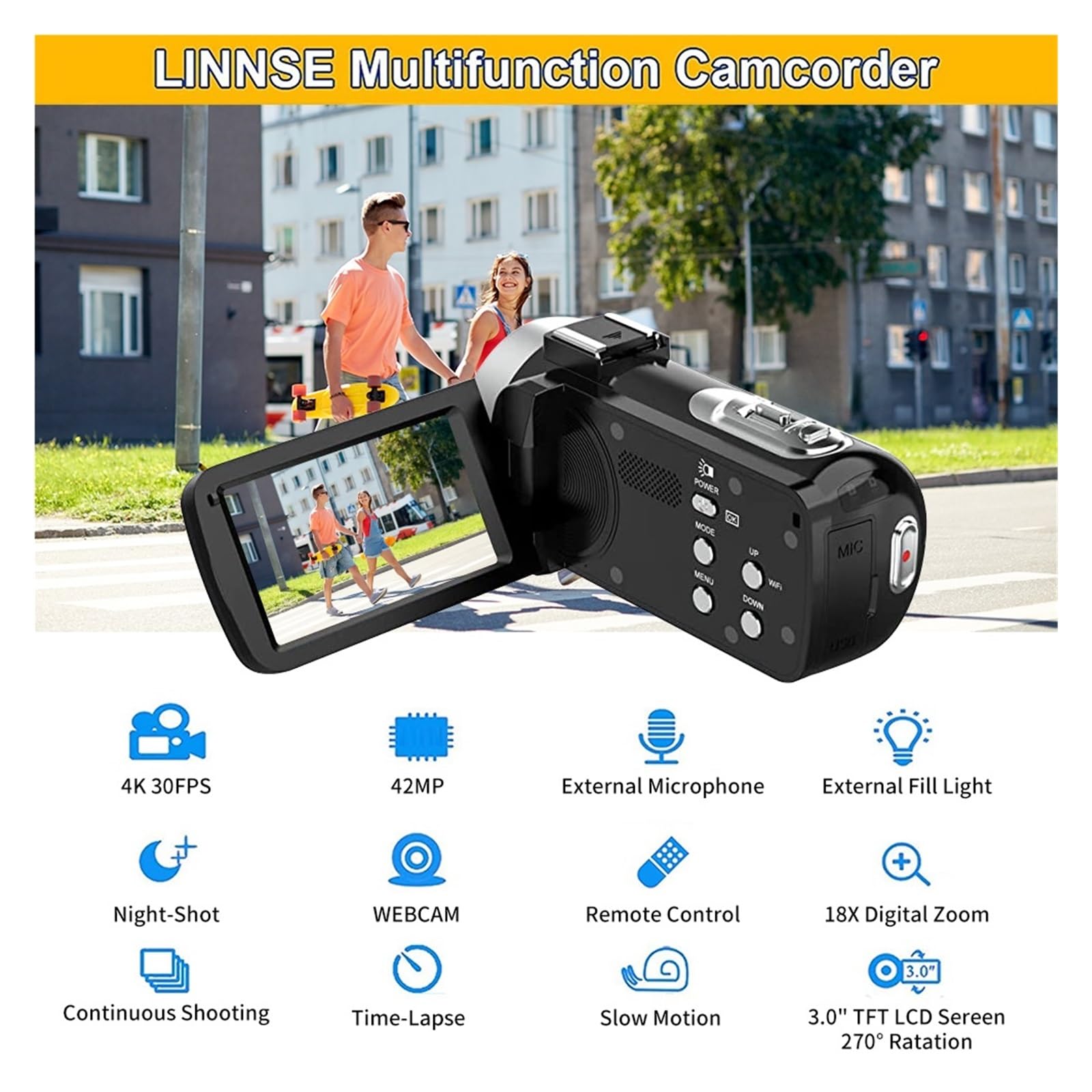 Videocamera Digitale Professionale 4K HD Con Telecomando Zoom 18X Fotografia 42MP Schermo Ribaltabile Da 3 Pollici Registrazione Cattura Facilmente Momenti Meravigliosi(With 128GB Card)