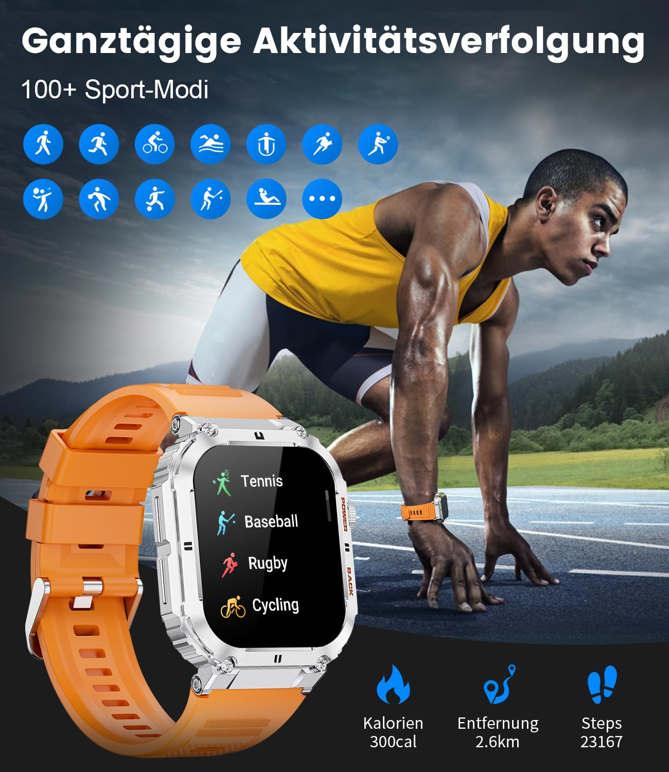LIGE Smartwatch Uomo, Orologio Intelligente Fitness con Chiamate Bluetooth,1.96" Militari Smart Watch Tracker Attività con 100+ Modalità Sportive per Cardiofrequenzimetro,SpO2,Android iOS 2024