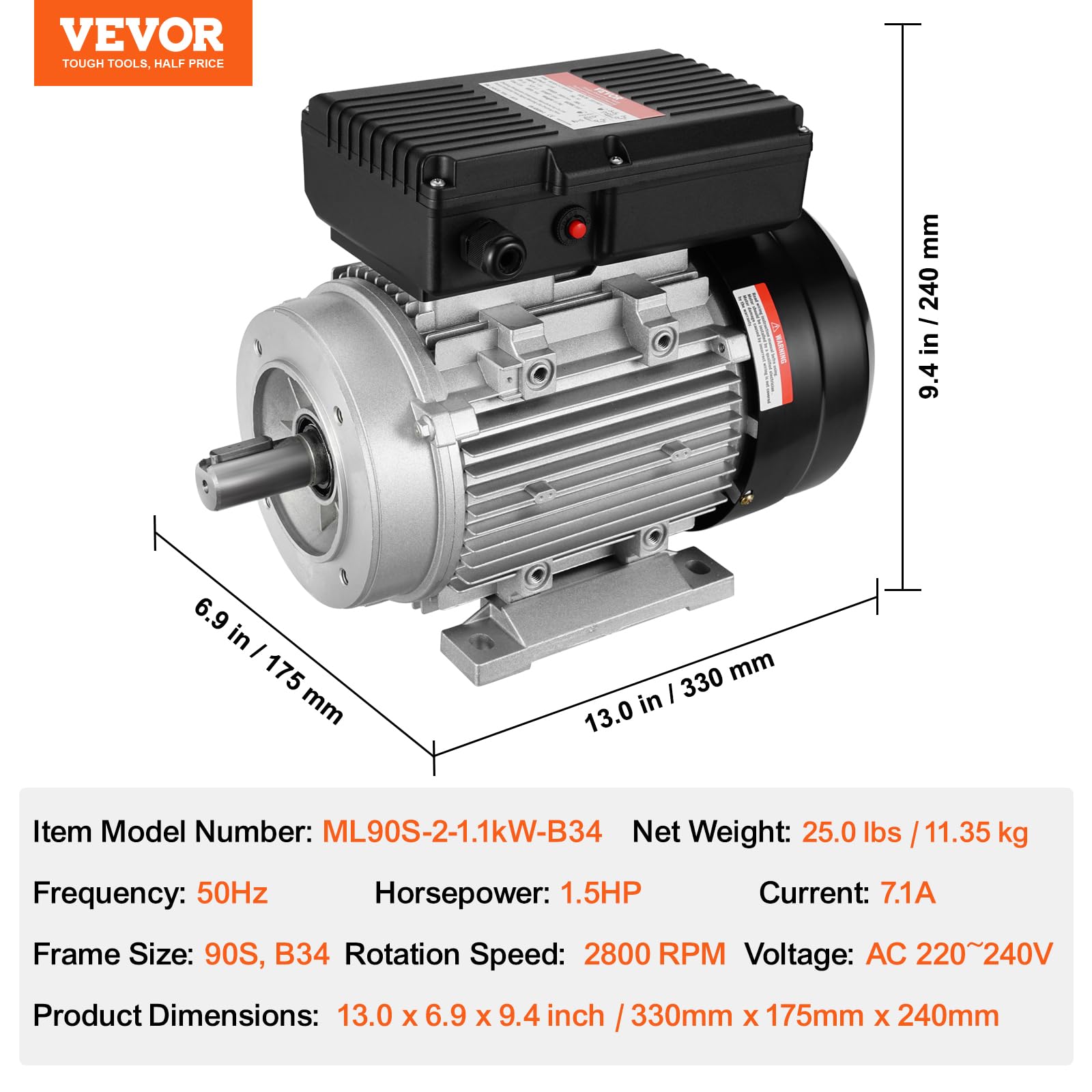 VEVOR Motor Eléctrico 1,1 kW 2800 RPM, CA 220~240 V 7,1 A, Marco B34, Motor de Compresor de Aire Monofásico, Eje con Llave de 24 mm, para Maquinaria Agrícola y Equipos Generales, 330 x 175 x 240 mm