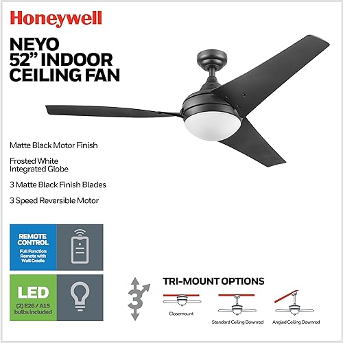 Miniatura 3 de Honeywell Ventiladores de techo Neyo, ventilador de techo LED contemporáneo de 52 pulgadas para interiores con luz, control remoto, aspas modernas