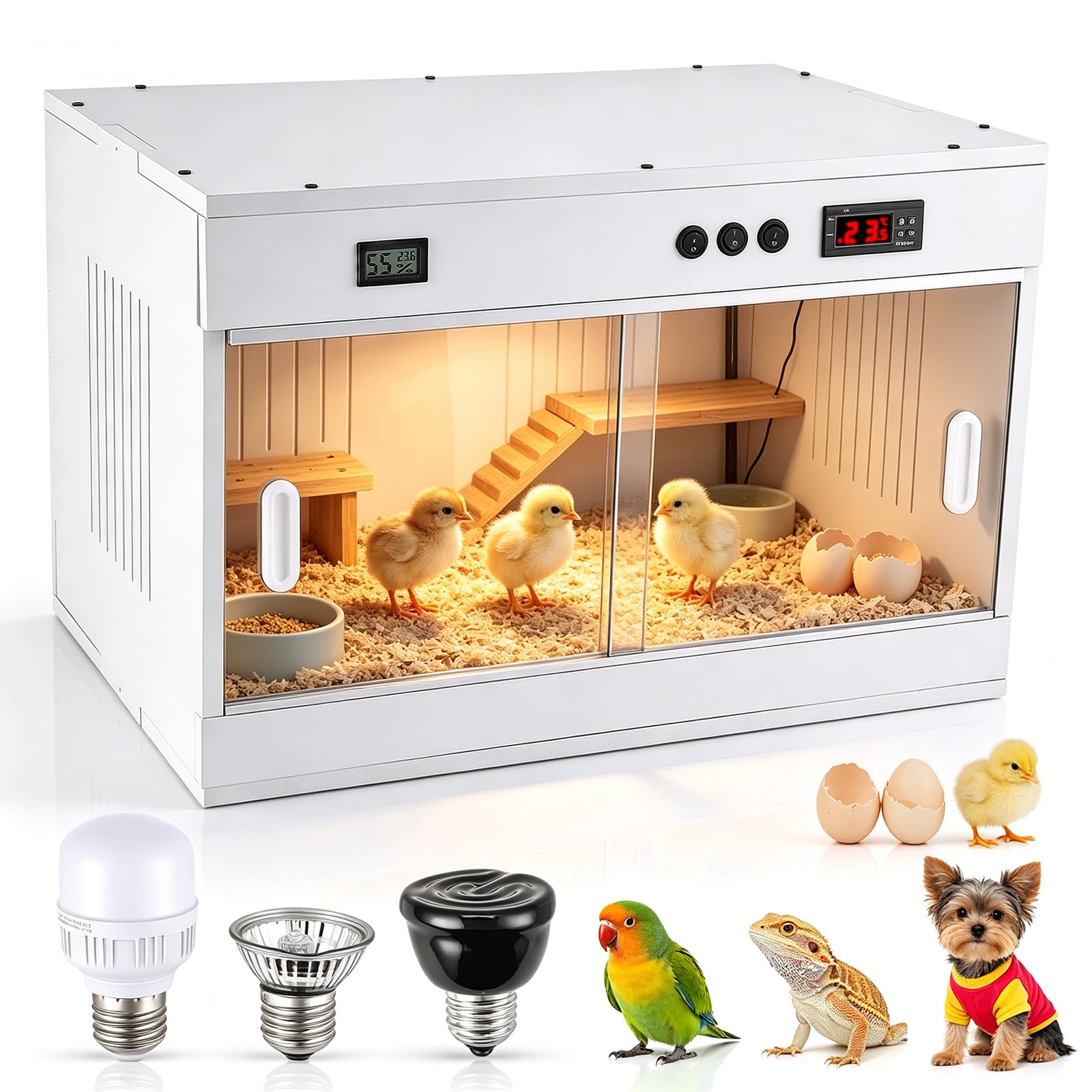 Kükenaufzuchtbox, 96L Brutkasten Hühner mit Intelligente Temperaturregelung | Hamsterkäfig Kükenbrüter Brutbox Aufzuchtbox mit 3 Beleuchtungsarten Inkubator Hühner für Küken, Hamster, Kleintieres