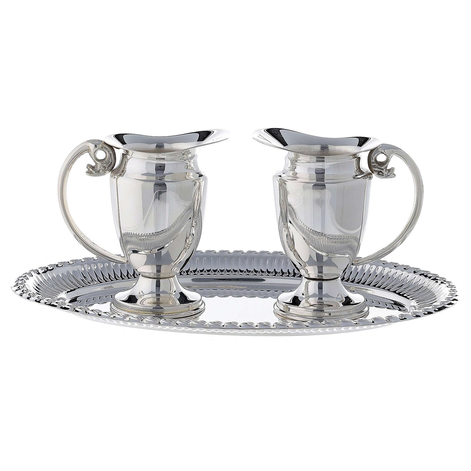 Holyart Burettes liturgiques en métal: Set burettes et plateau de célébration laiton argenté gravé