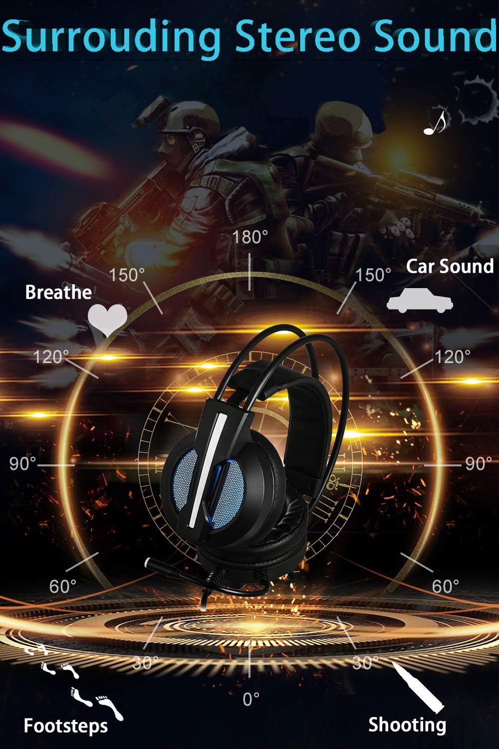 Gaming Headset with Mic,Vibration Surround Sound Over Ear Headphones with Led Light,Volume/Vibration Control,Wired 3.5MM Jack Gaming Headphones for Xbox One,PS4,PC,Laptops,Mac,Ipad,iPhone (Black1)