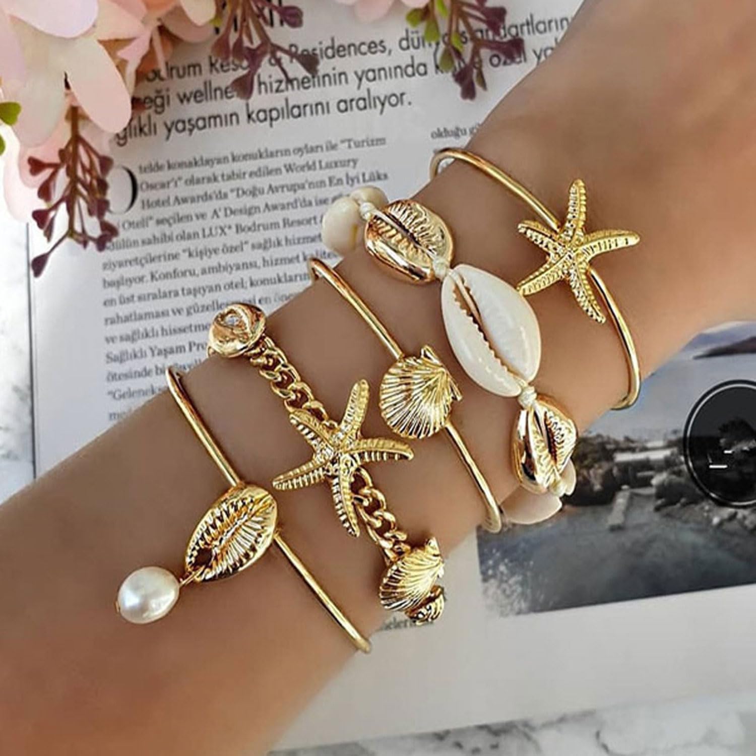 Gold Starfish Shell Bracelet for Women Boho Starfish Seashell Pearl Stack Bracelets Layered Shell Starfish Bangle Bracelet Summer Beach Jewelry Gifts for Women - Image 3