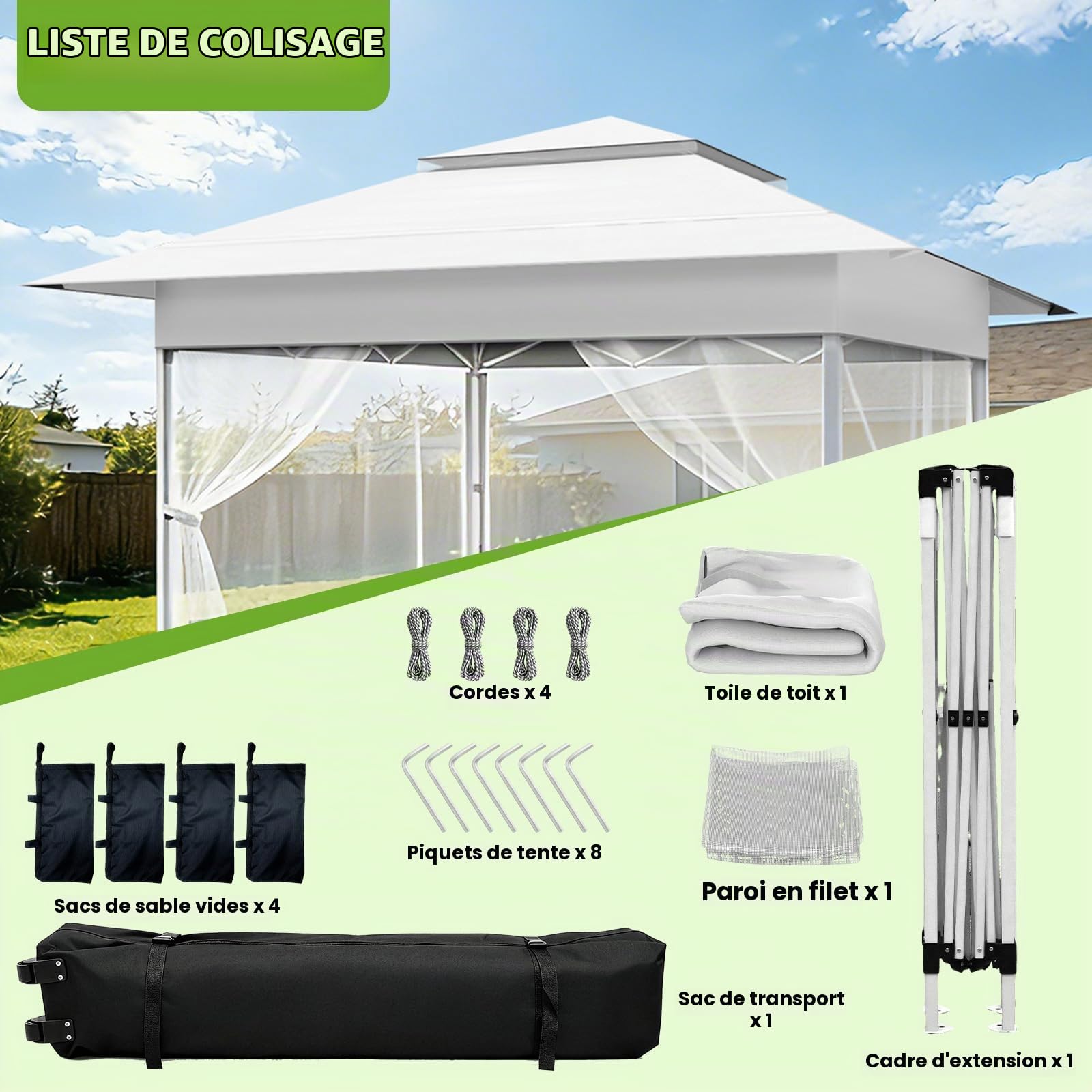 Tonnelle de Jardin 4x4m,Tente Pliante de Exterieur Pop-up avec Moustiquaire、4 Sacs de Sable、Sac de Roulant,Tonnelle Pliante Imperméable，Anti UV，Respirable，Tente de Camping,Barnum，Blanc