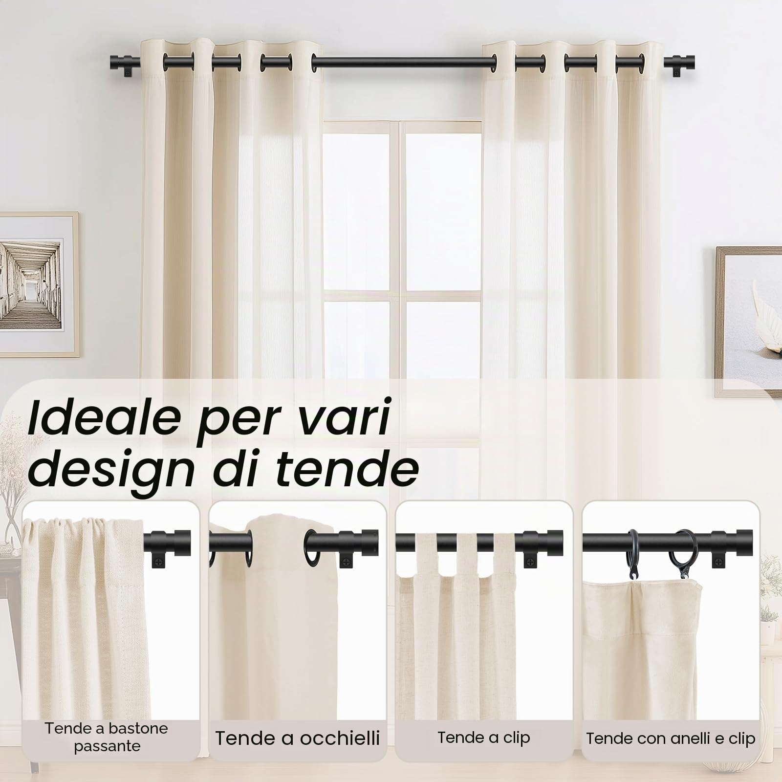 Bastone per Tende Nero, 80-183 cm Regolabile, Asta Estensibile con Terminali a Cilindro e Staffe