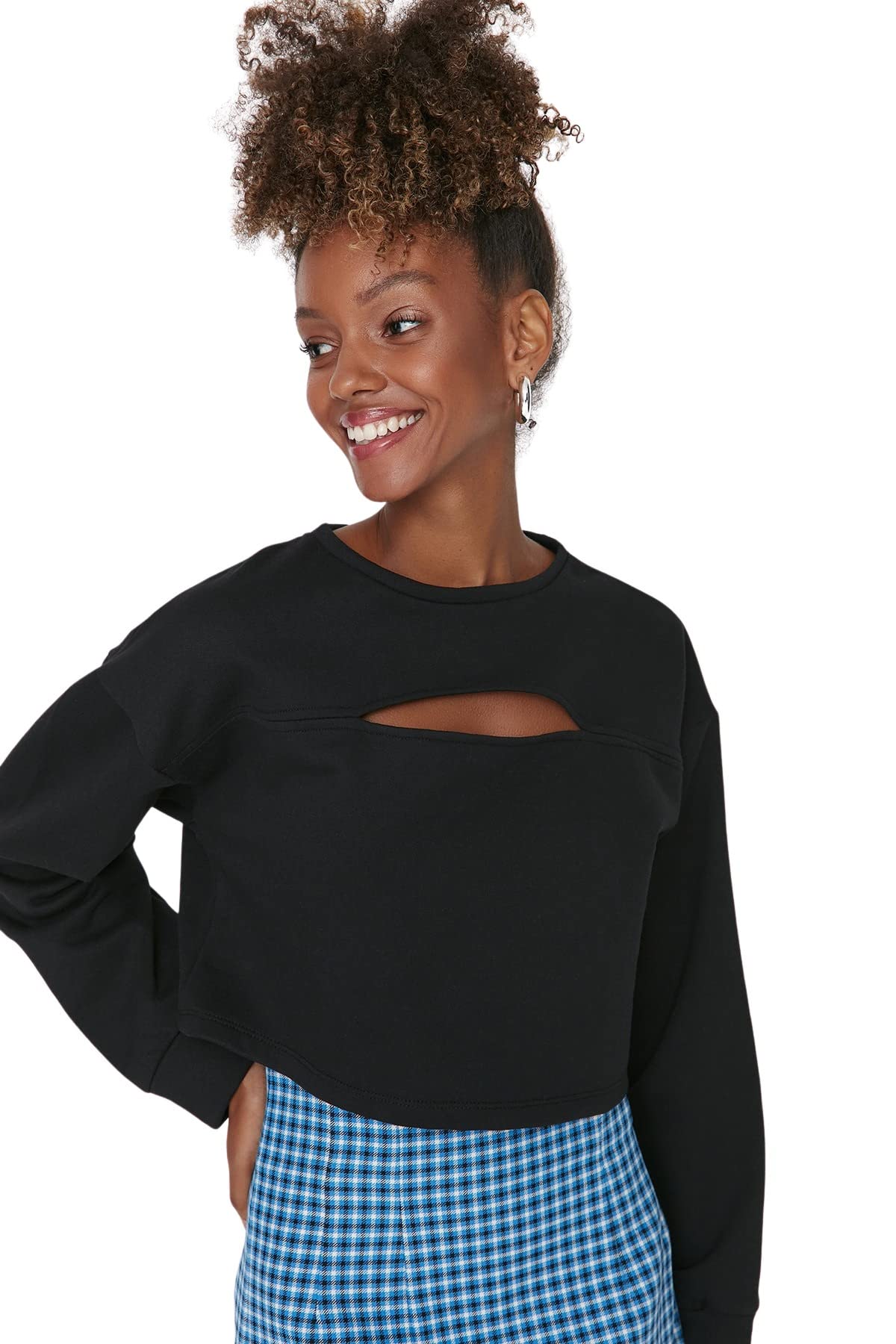 Trendyol Damen Sweatshirt mit Rundhalsausschnitt, einfarbig, Schwarz, L, Schwarz, 42