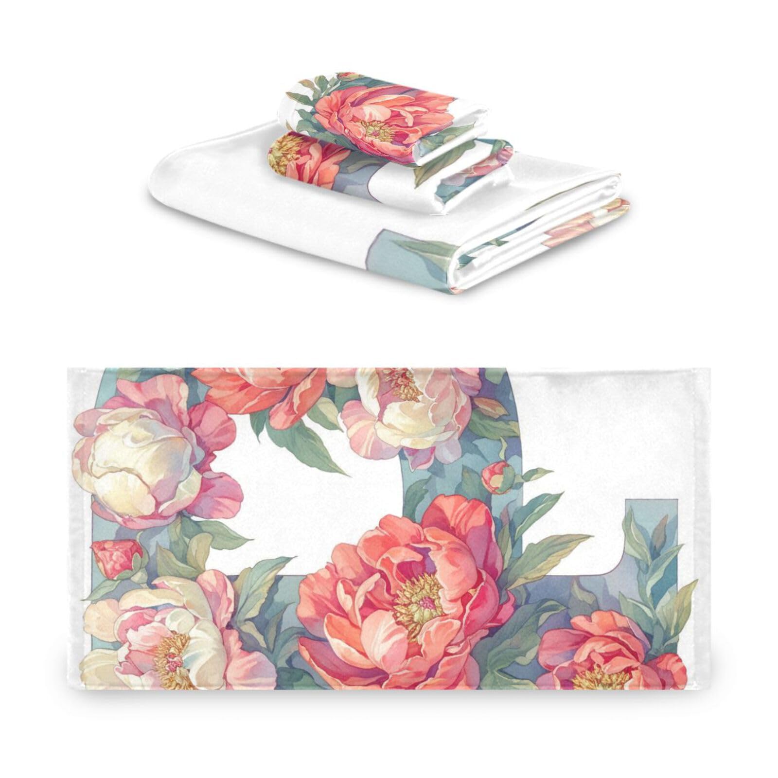 Floralmorphic - Set di 3 asciugamani per la pulizia del viso con lettera P e peonia rossa, stile acquerello, 1 asciugamano da bagno, 1 asciugamano per viso, corpo e bagno