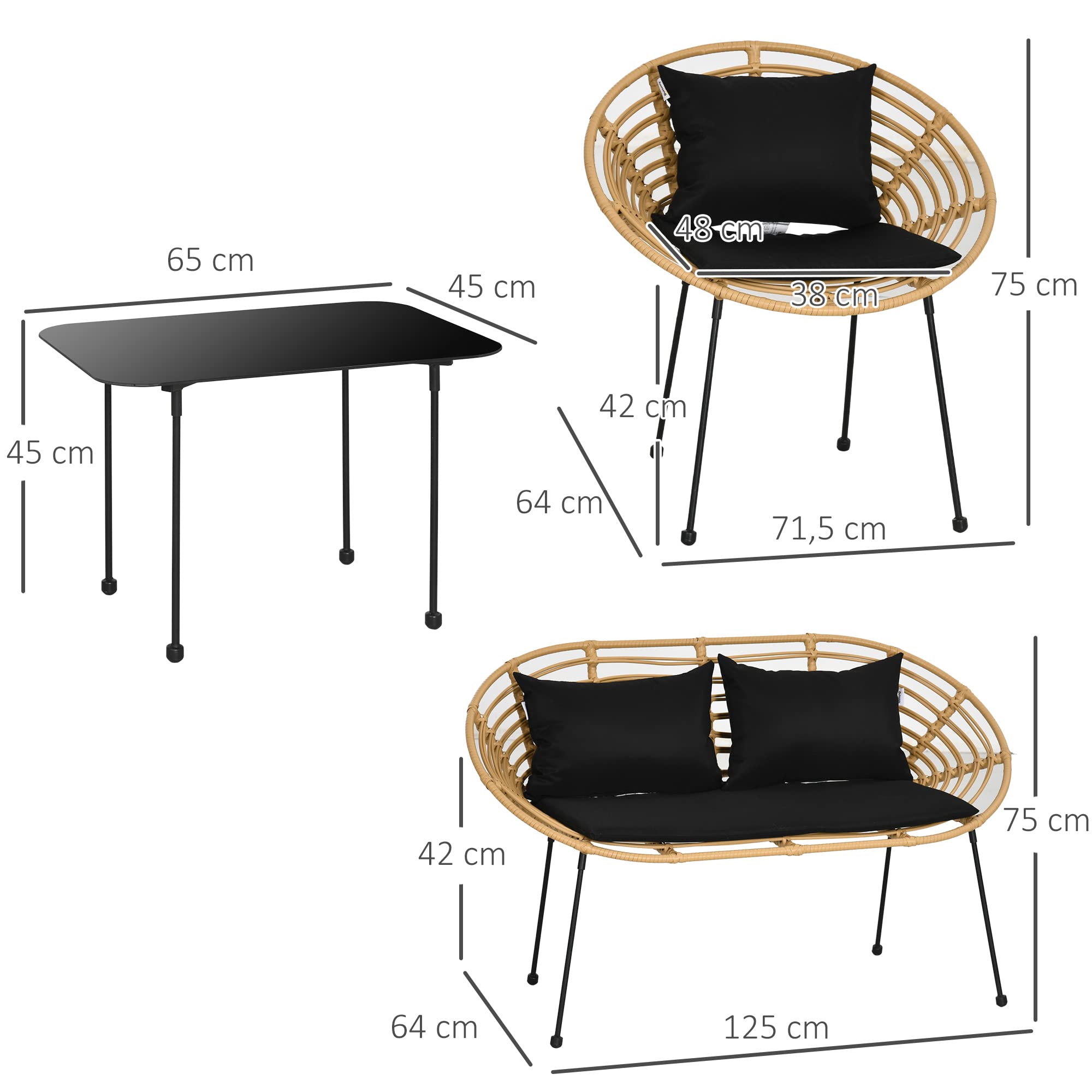 Outsunny Conjunto de Jardín Exterior de Ratán Sintético de 4 Piezas Muebles de Jardín Exterior Incluye 1 Sofá Doble 2 Sillones y Mesa de Vidrio con Cojines Natural y Negro