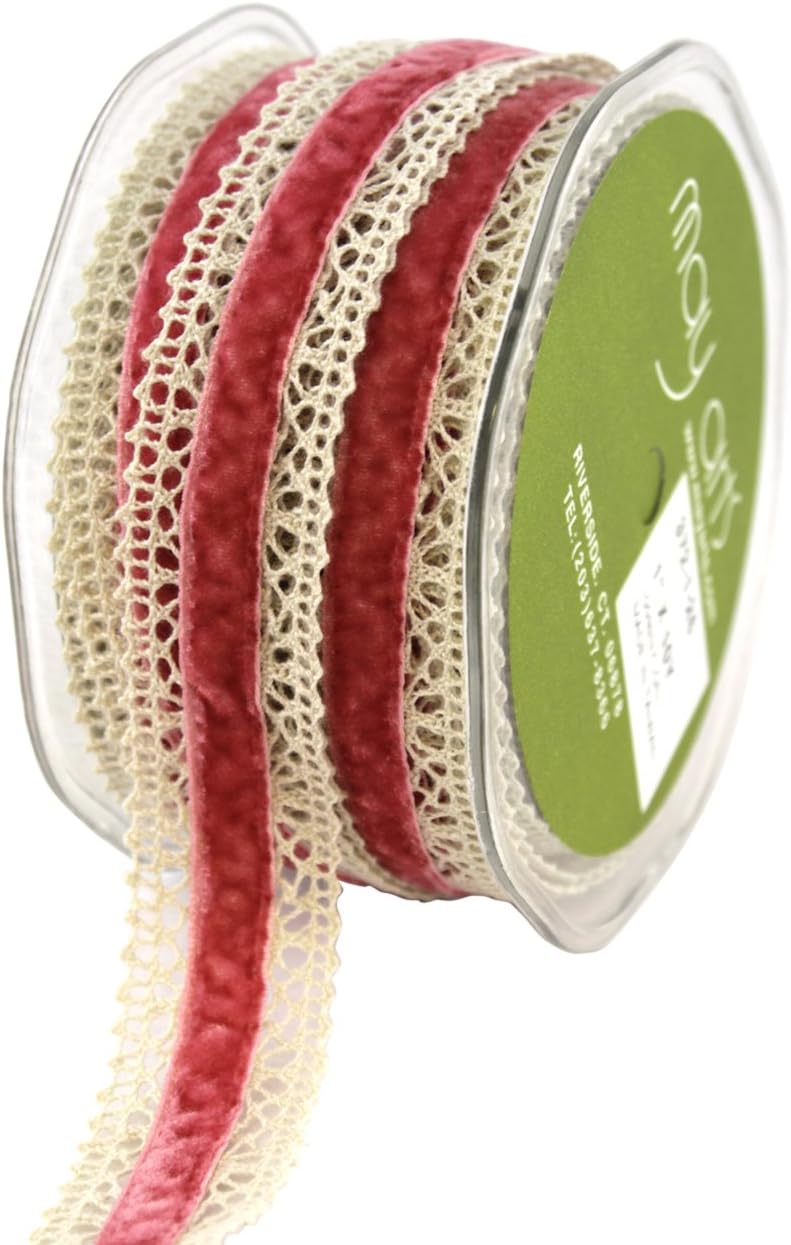 May Arts 1-1/2-Inch Wide Ribbon, Ivory Crochet with Light Blue Velvet