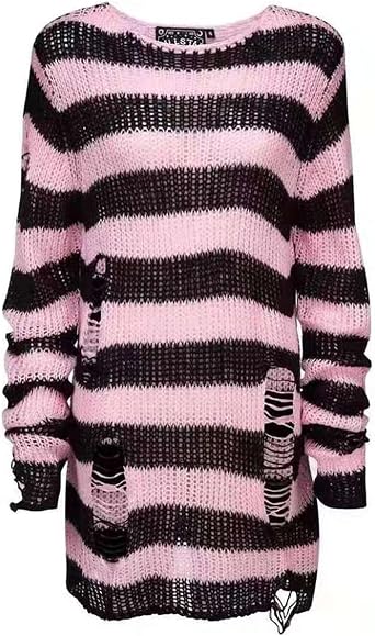 Womens Oversized Goth Punk Ripped Striped Long Sleeve Pullover Sweater Dress Tops
