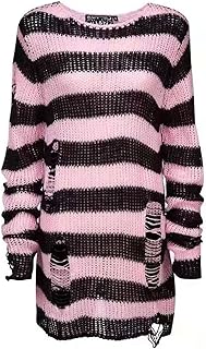 Womens Oversized Goth Punk Ripped Striped Long Sleeve Pullover Sweater Dress Tops
