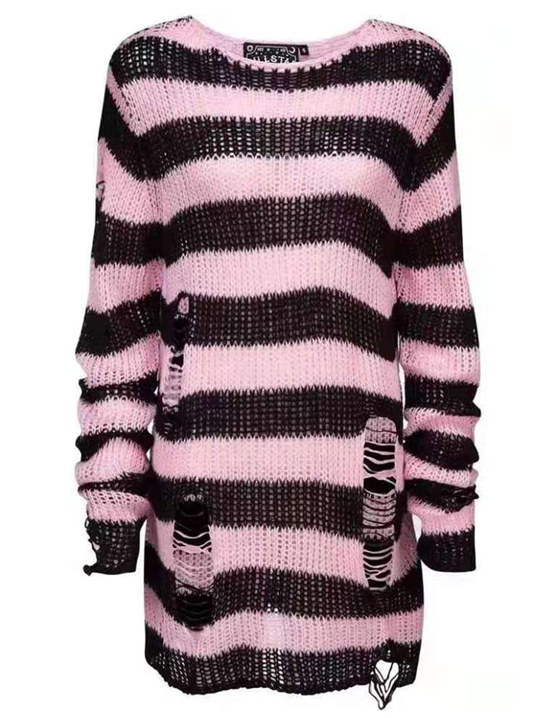 Peaceglad Womens Oversized Goth Punk Ripped Striped Long Sleeve Pullover Sweater Dress Tops