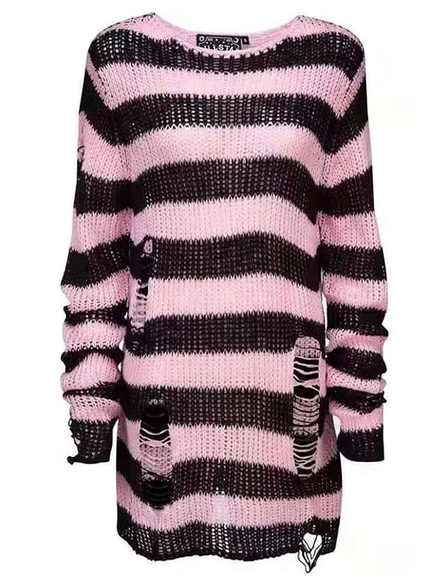 Peaceglad Womens Oversized Goth Punk Ripped Striped Long Sleeve Pullover Sweater Dress Tops