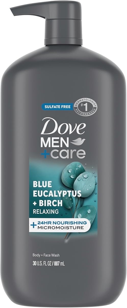 Jabón corporal y facial Dove Men, eucalipto azul + abedul, 30 oz | Limpia cuerpo y rostro con un refrescante aroma a Eucalipto Azul + Abedul.