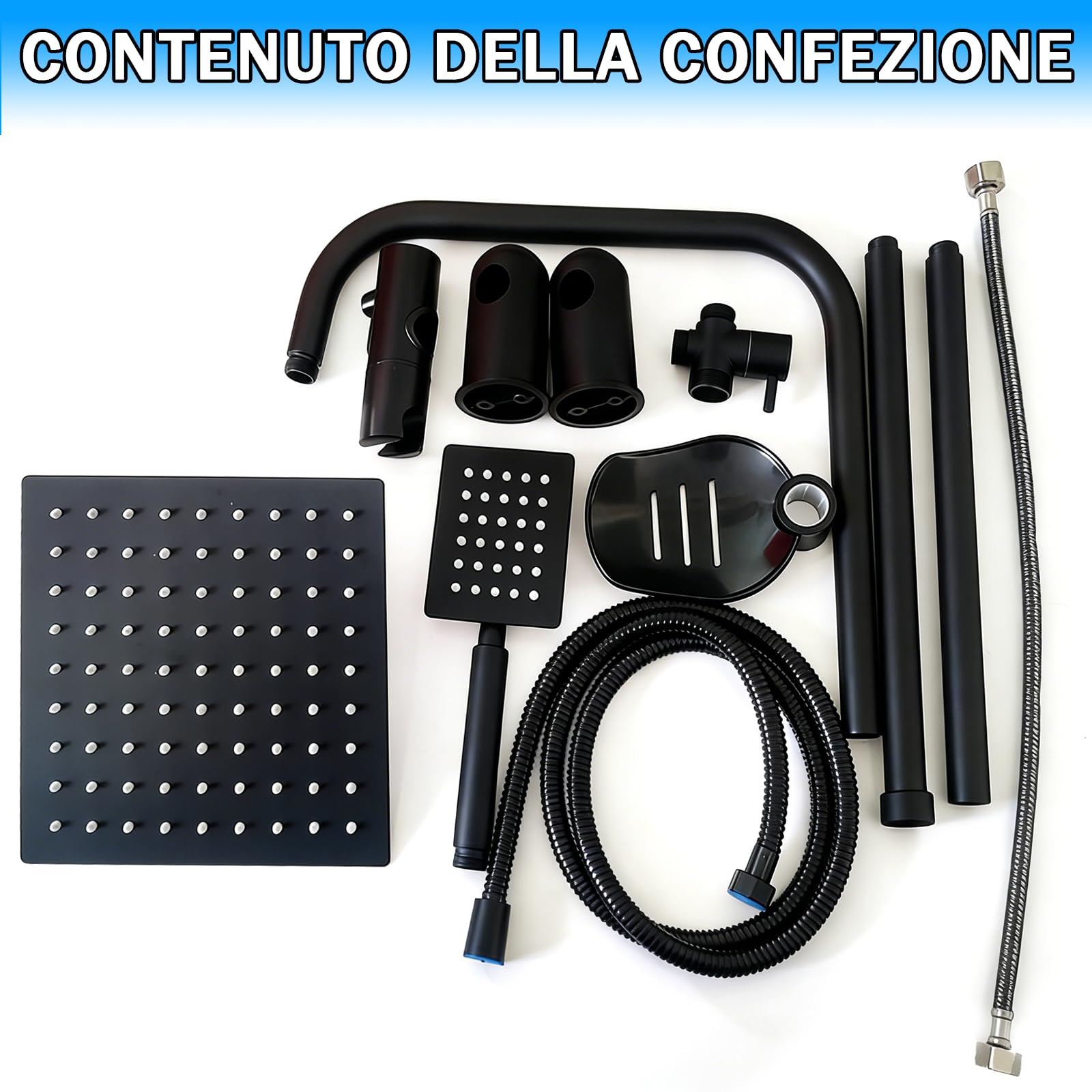 Colonna Doccia Senza Miscelatore 92cm, Set Doccia con Soffione Quadrato e Doccetta in Acciaio Inox, Asta Saliscendi Doccia Regolabile, Installazione Divisa