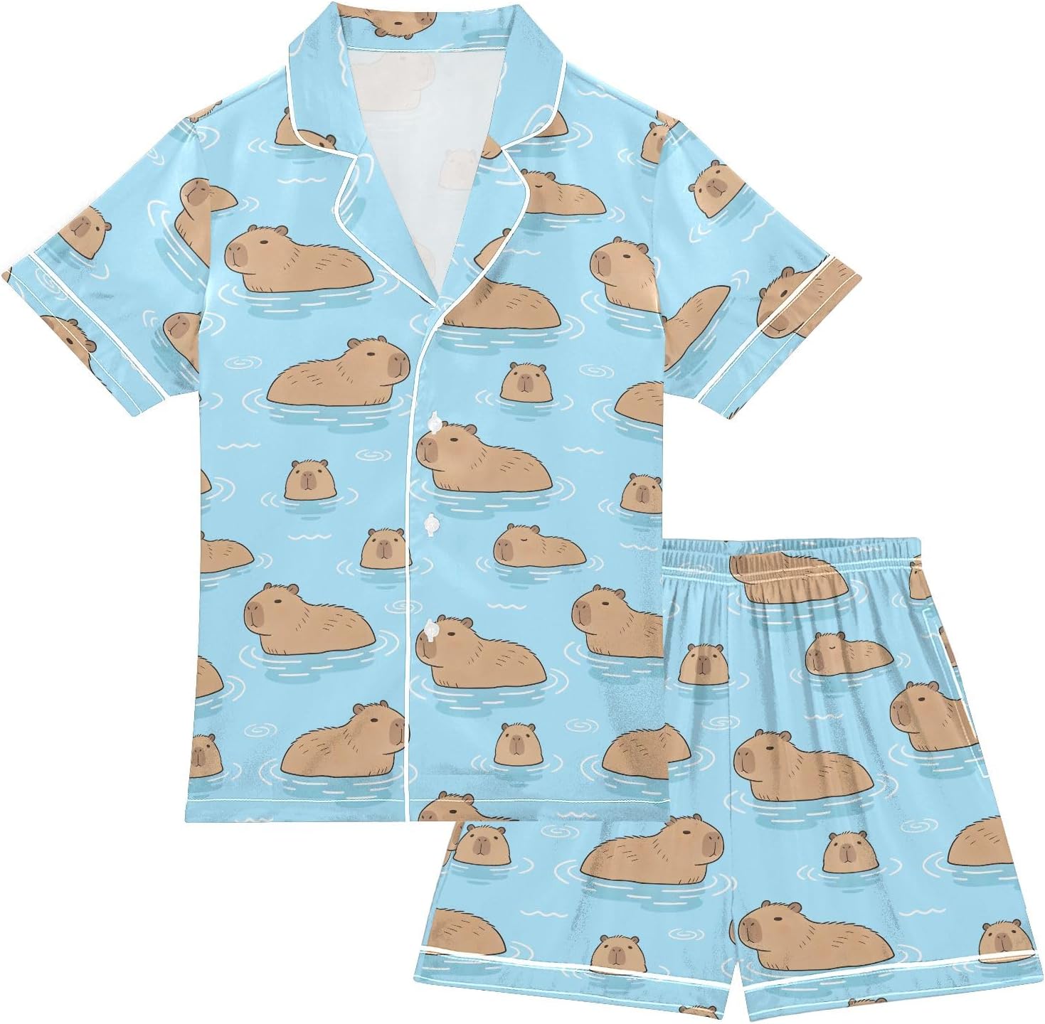 Kids Satin Wear Set Swimming Capybara Pattern Relaxing Clothing Short Sleeve and Shorts