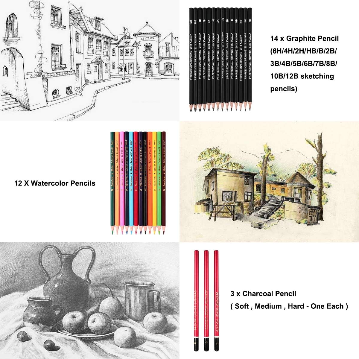 Heshengping, Sketching Pencil Set Drawing Pen Charcoal Sketch Kit Cover Graphite Pencils Charcoal Pencils Watercolor Pencils Paper Erasable Pen Beginners Artist Children and Adults(39pcs Art Supplies) : Arts, Crafts & Sewing