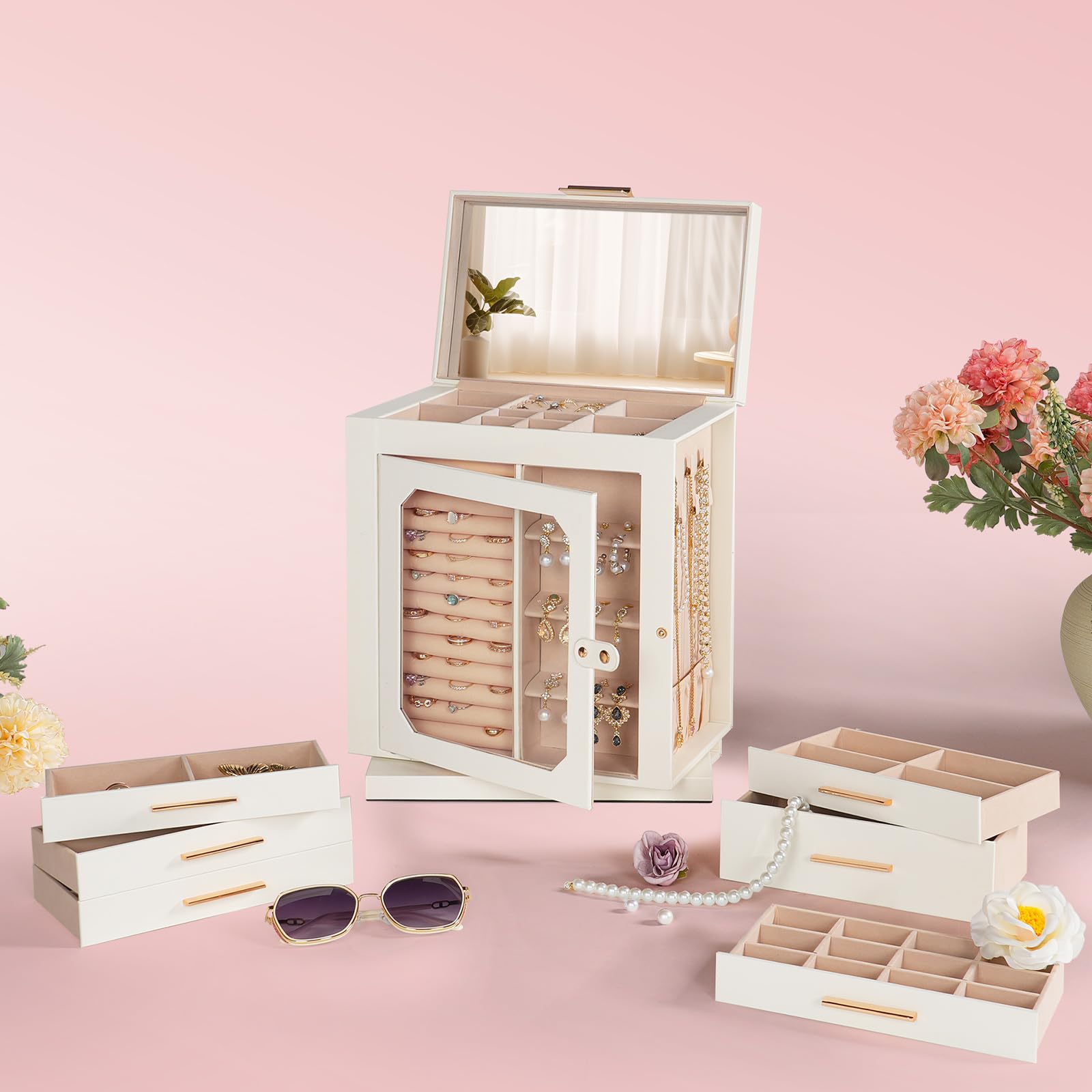 HOOBRO Caja Joyero Giratorio 360°, Caja de Joyas, Organizador de Accesorios con 6 Cajones y Vitrina de Vidrio, Expositor para Collares, Anillos, Pendientes, Pulseras, Blanco y Dorado EWT16JB04