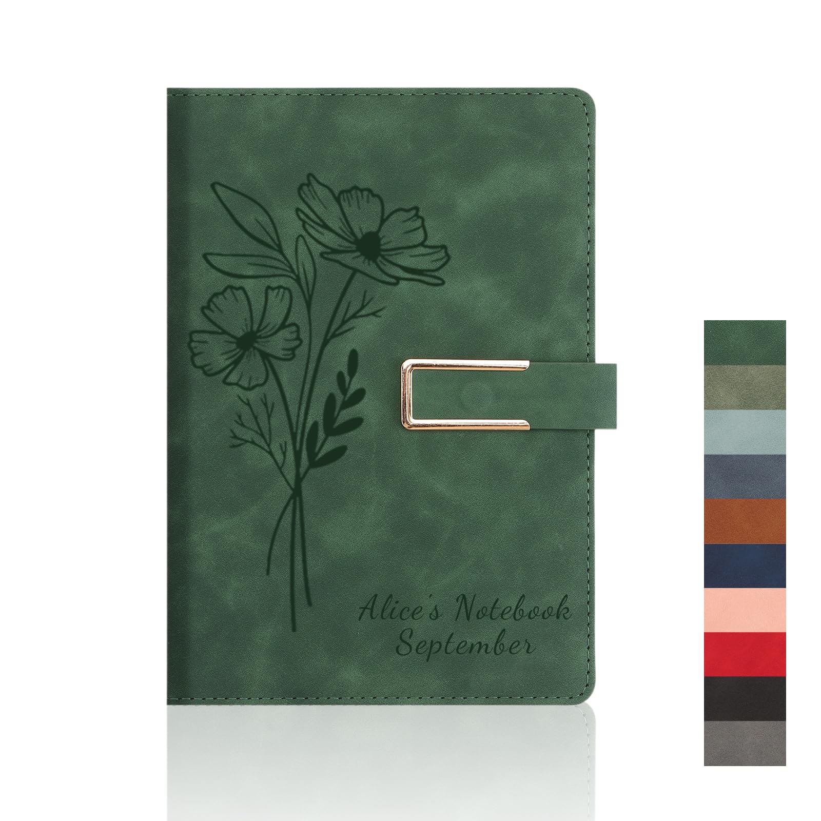 Personalised A5 Notebook, Custom Name & Birth Flower Journal, Birthday Gift (Dark Green) — image 1