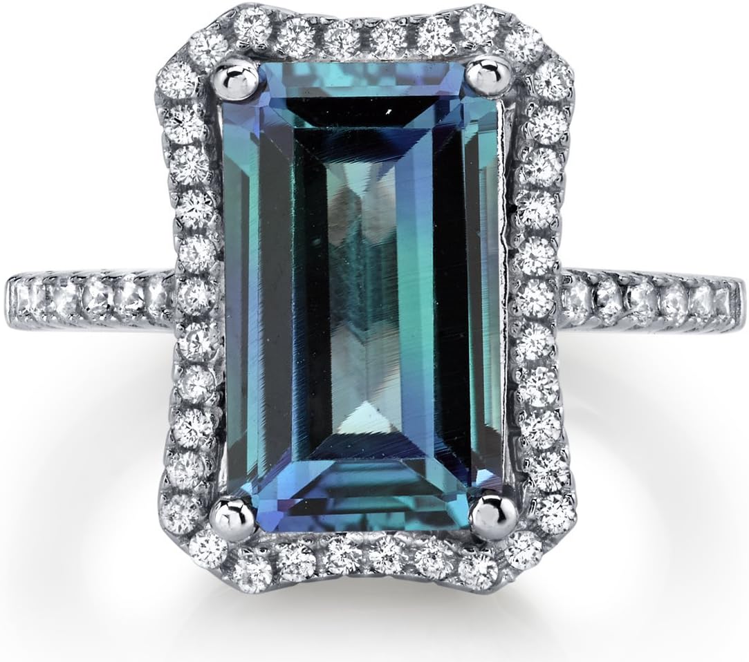 PEORA Simulated Alexandrite Ring for Women 925 Sterling Silver, Color-Changing 4.25 Carats Royal Octagon Design,12x7mm, Comfort Fit, Sizes 5 to 9