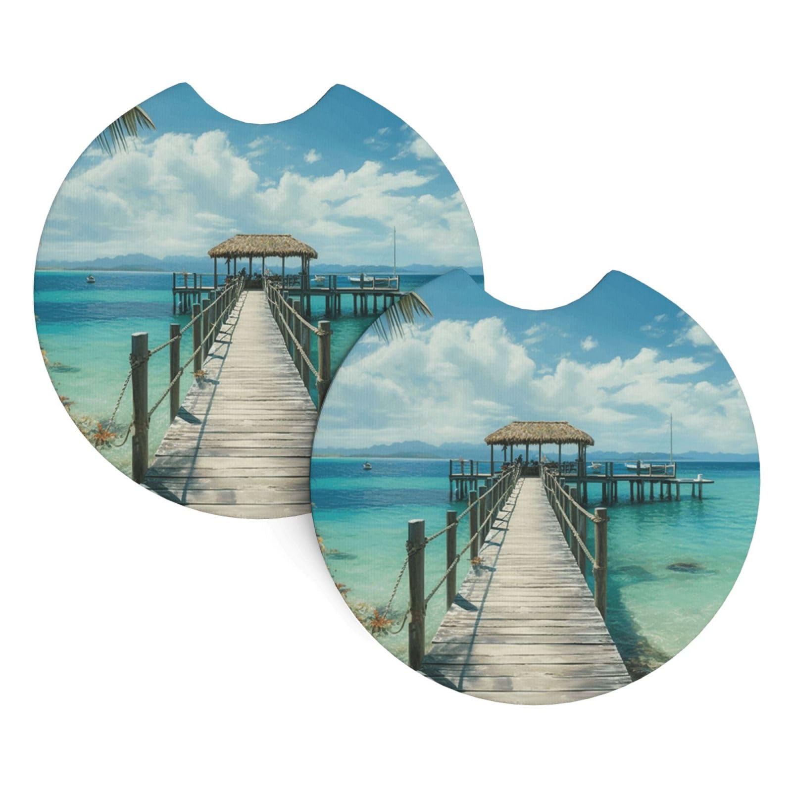 2PCS Car Coaster for Cup Holders Universal Auto Cup Mat Tropical pier Cup Coaster Pad 2.7" Waterproof Neoprene Non-Slip Cup Holder Coasters Car Interior Accessories for Women Men