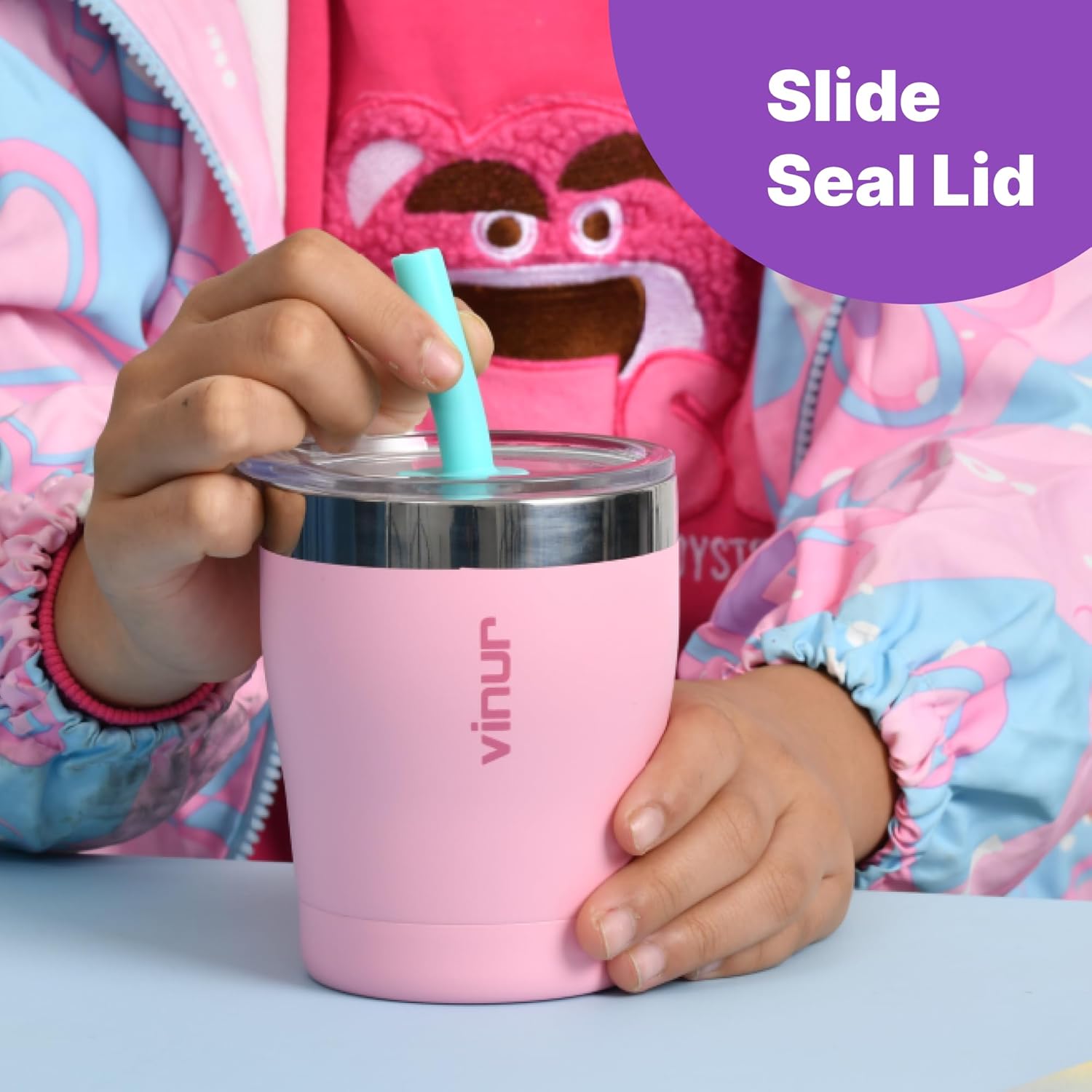 VINUR Kids Cup with Lid and Straw-9 oz Stainless Steel Vacuum Insulated Tumbler with Rubber Base|For Kids 6+| BPA-Free, Purple - Image 5