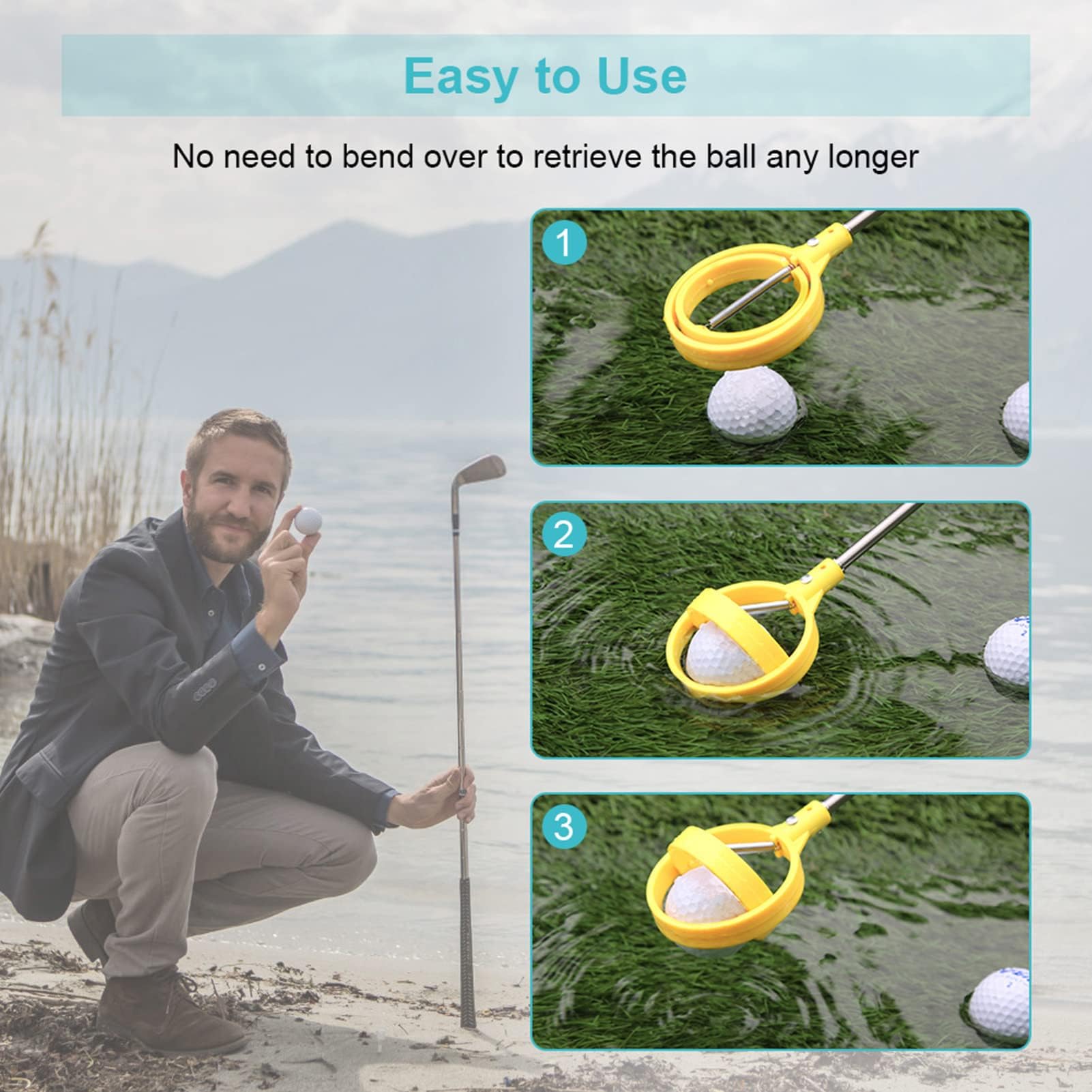 Retriever de Balle de Golf, Picker Télescopique d'Acier Inoxydable, Sélecteur de Balle (Jaune)
