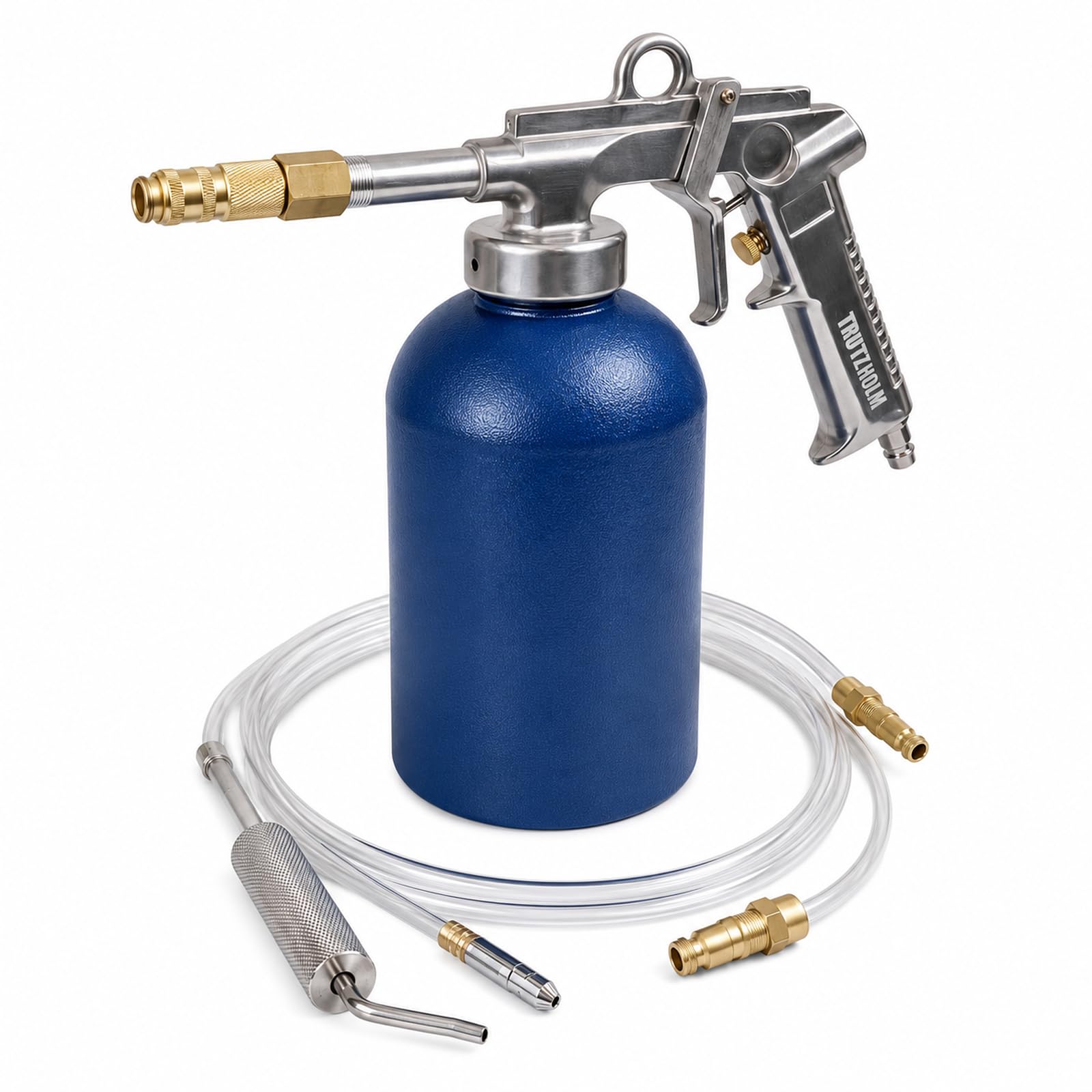 TRUTZHOLM Druckbecherpistole mit 1100 ml Tank aus robustem Stahl 4-6 bar 1/4" Lufteinlass Hohlraumpistole zur Hohlraumversiegelung Unterbodenschutz inkl. Schläuche Hakendüse Runddüse