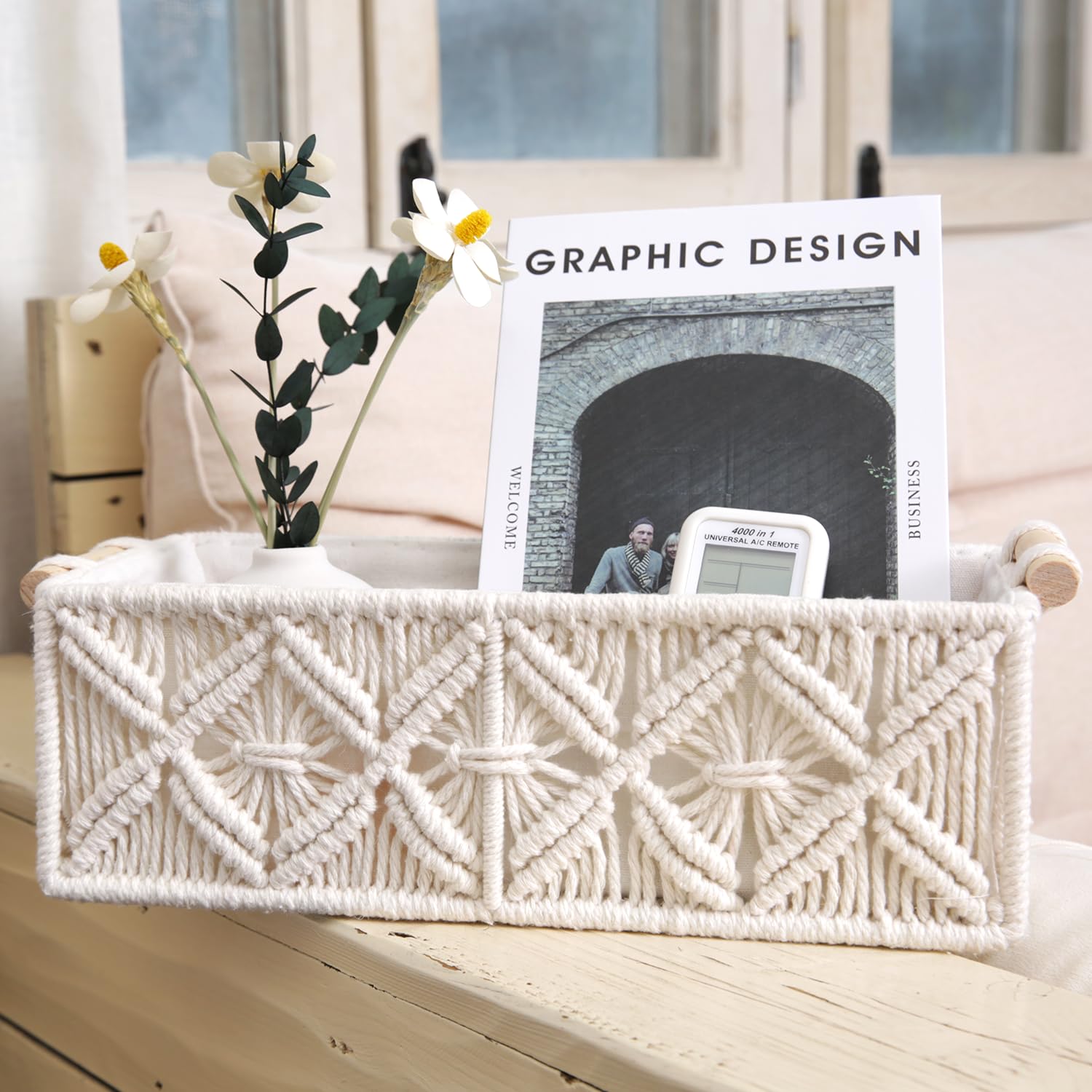 Nonam Macrame Storage Baskets, Boho Decor Style Woven Storage Boxes for Home Organization, Toilet Tank Shelf Cabinet Organizer Baskets,Set of 2 - White