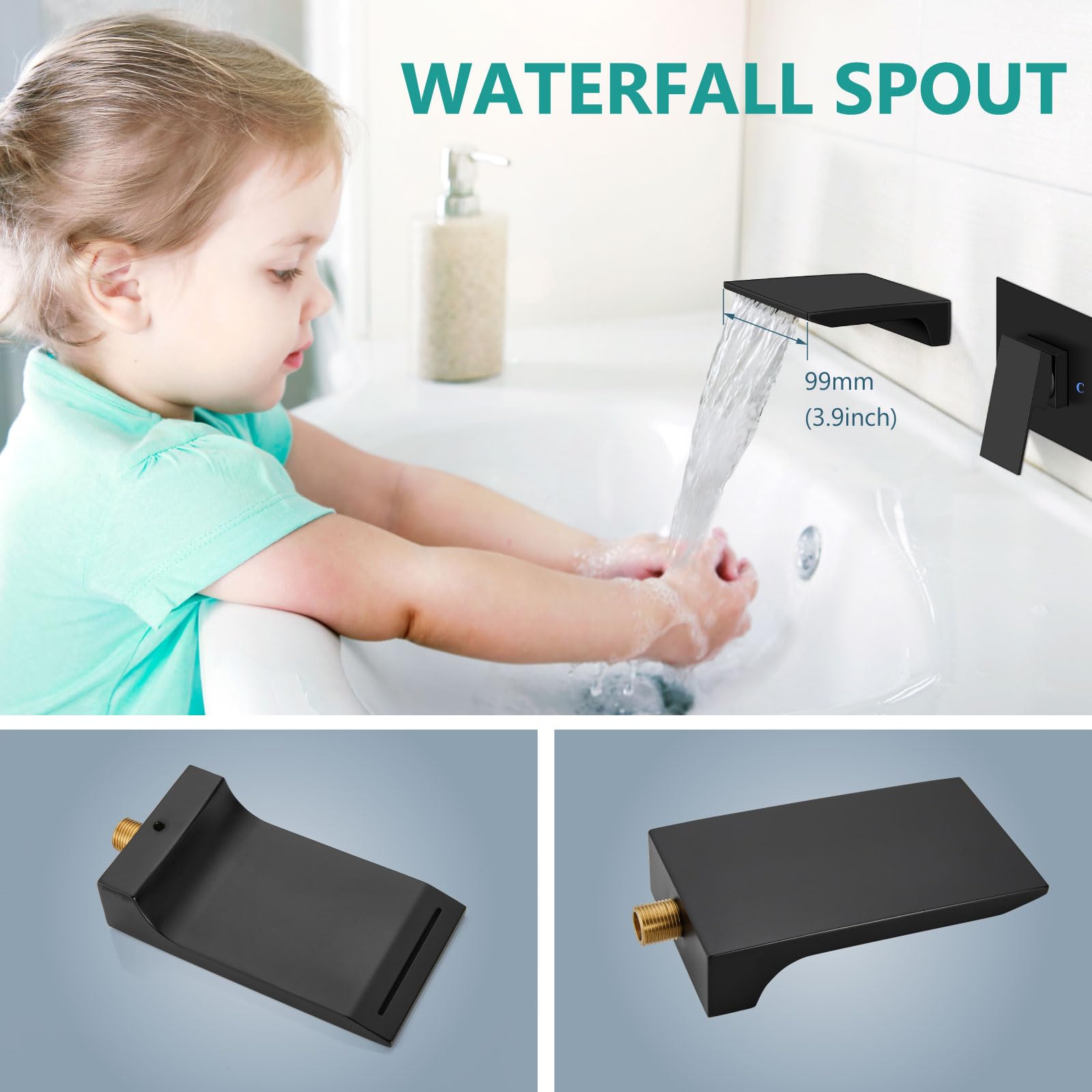 Aolemi Wall Mount Matte Black Bathroom Sink Faucet One Handle Single Hole Wide Waterfall Spout with Rough-in Valve Bathtub Basin Mixer Tap