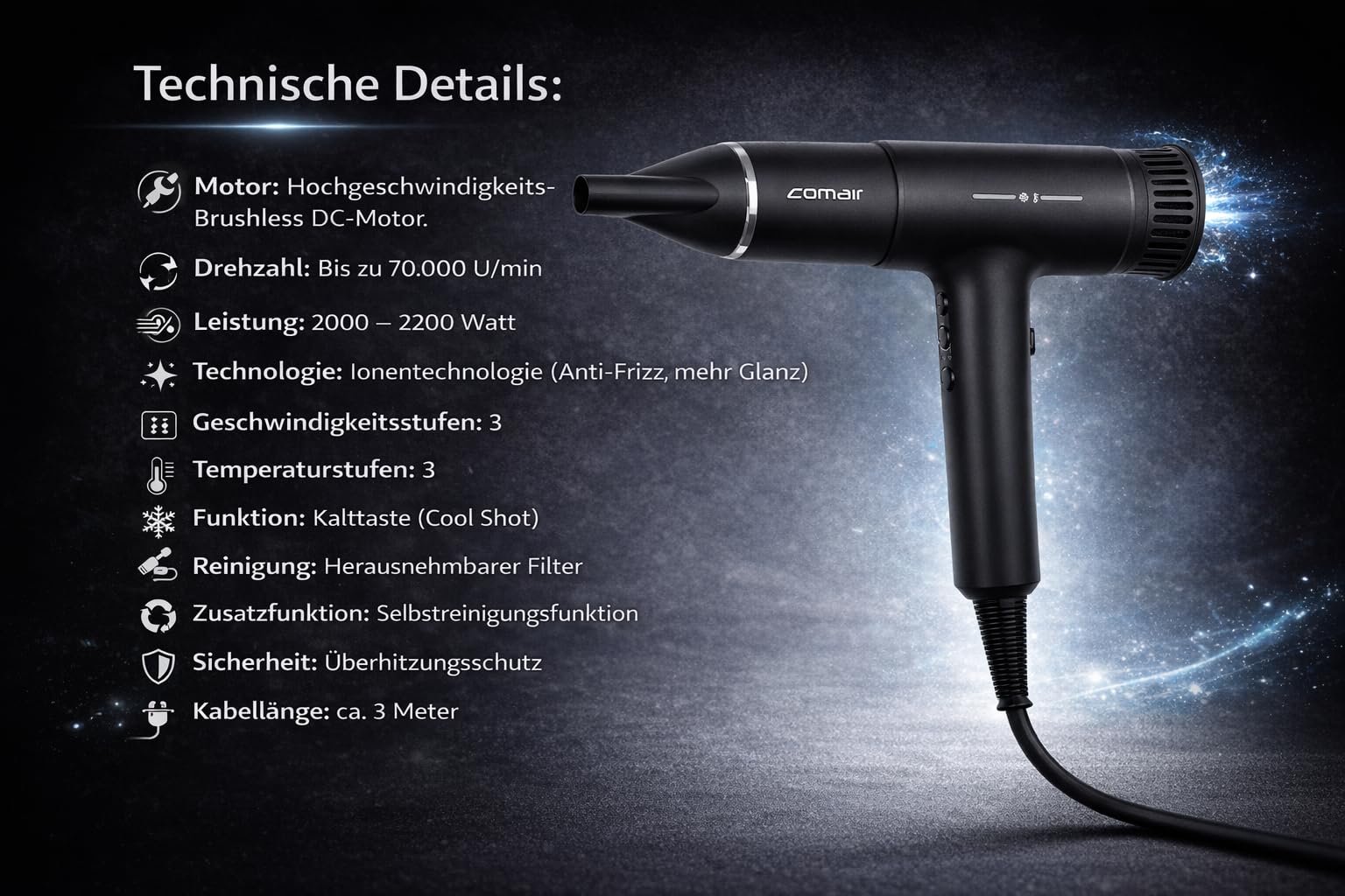 Comair T Power Haartrockner Profi Föhn, Diffusor + 2 Stylingdüsen + Tasche | 2200 W Föhn, Brushless-Motor 70.000 U/min, 3 Temperatur- und 3 Gebläsestufen, Kaltlufttaste, Ionen-Technologie. Sperrschalter