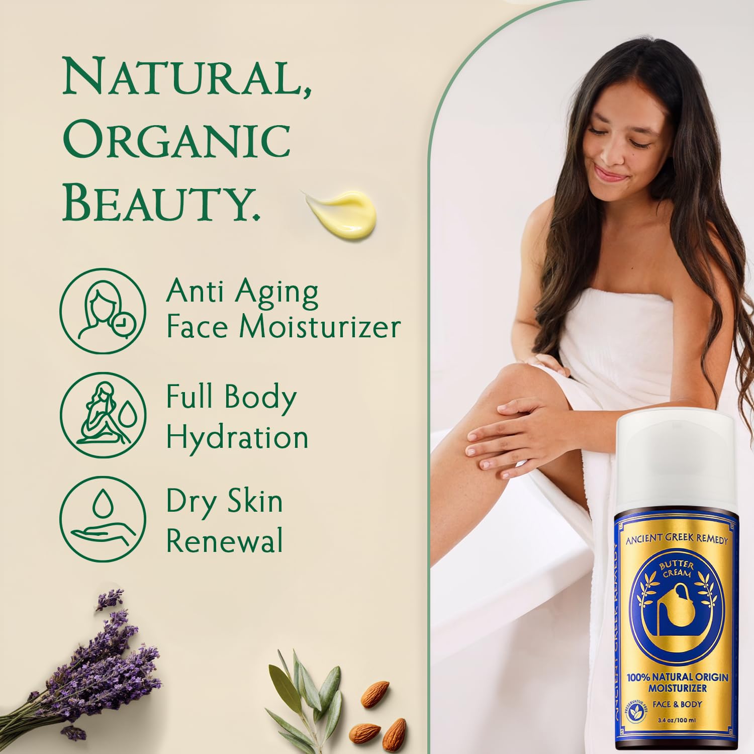 Ancient Greek Remedy Anti Aging Face Moisturizer for Women - Organic Face & Body Butter Cream for Dry Skin with Almond, Jojoba, Olive, Rosehip, Vitamin E & Lavender Oil. Natural Day & Night Cream