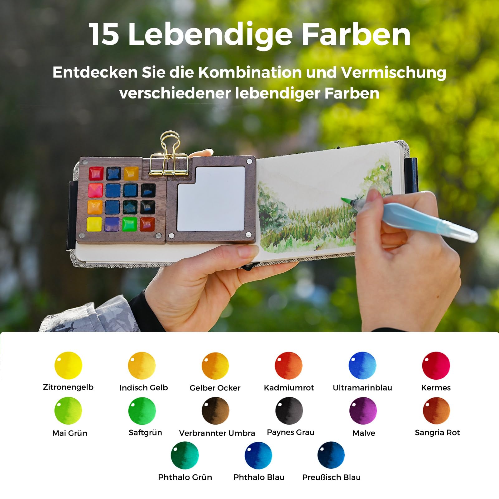 Funto Mini Wasserfarben-Set, All-In-One Nussholz 8-Farben Premium Pocket Travel Paint Kit, mit Crossbody-Tasche, Wasserfarben-Tagebuch, Metallklammer, Malwassertasse