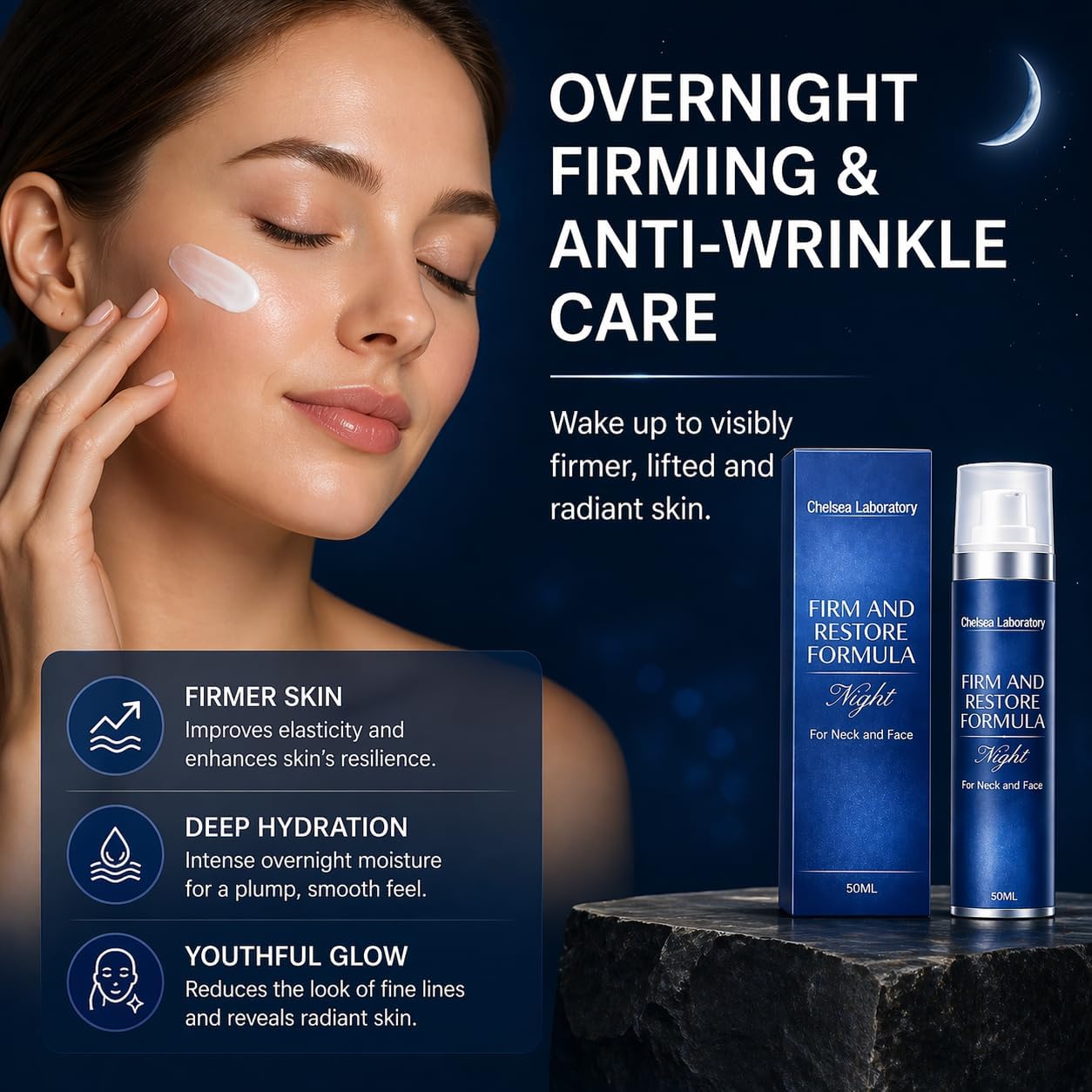 Chelsea Laboratory Firm & Restore Formula Night Cream for Face and Neck, Anti-Aging Moisturizer with Collagen & Peptides, Hydrating Formula for Smoother-Looking Texture, 50ml