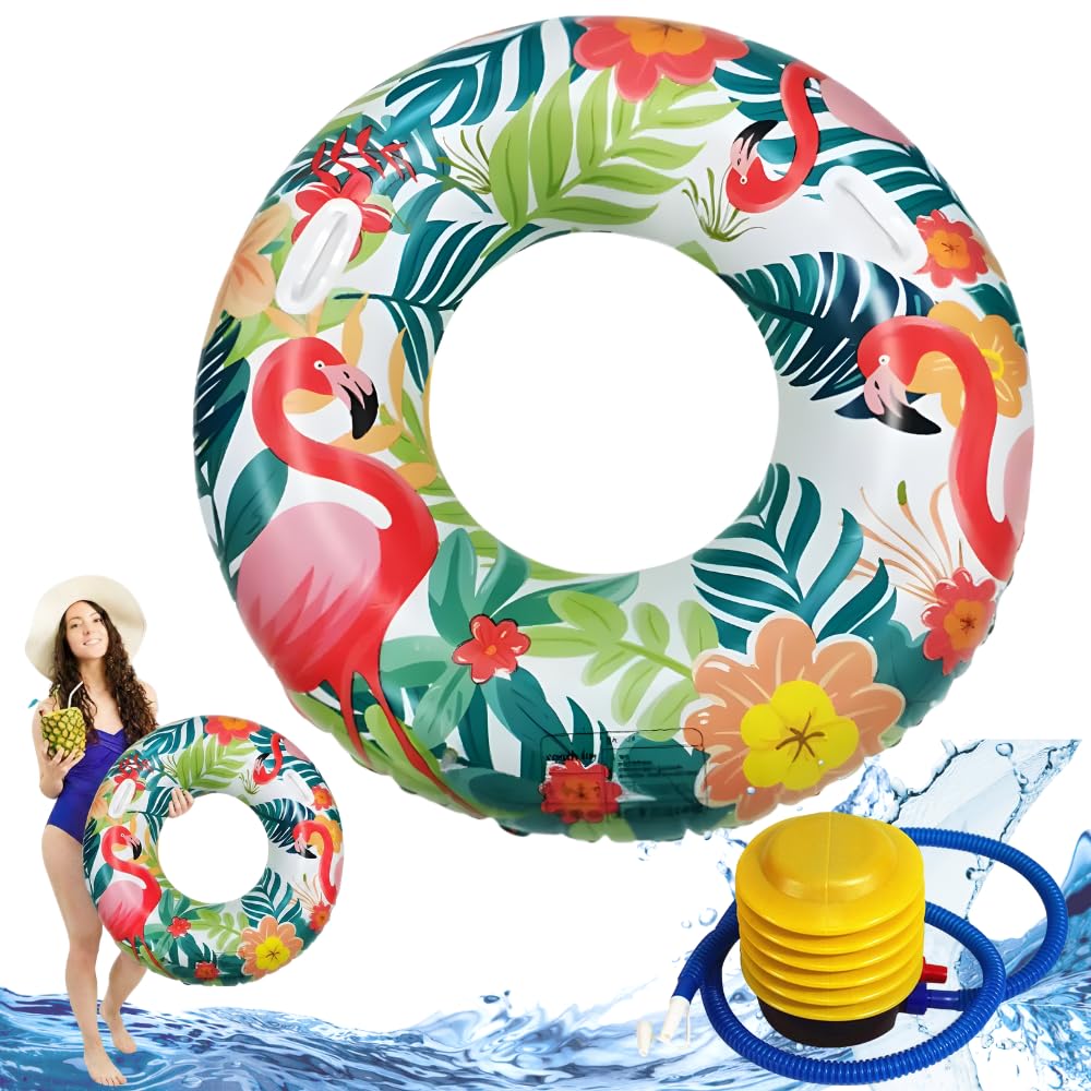Flamingo Tropical Inflatable Pool Float Ring with Air Pump – Large Heavy-Duty Swim Tube for Adults & Teens, Summer Beach Lake Swimming Float with Handles with Pump 1pcs 90 cm-picture-35