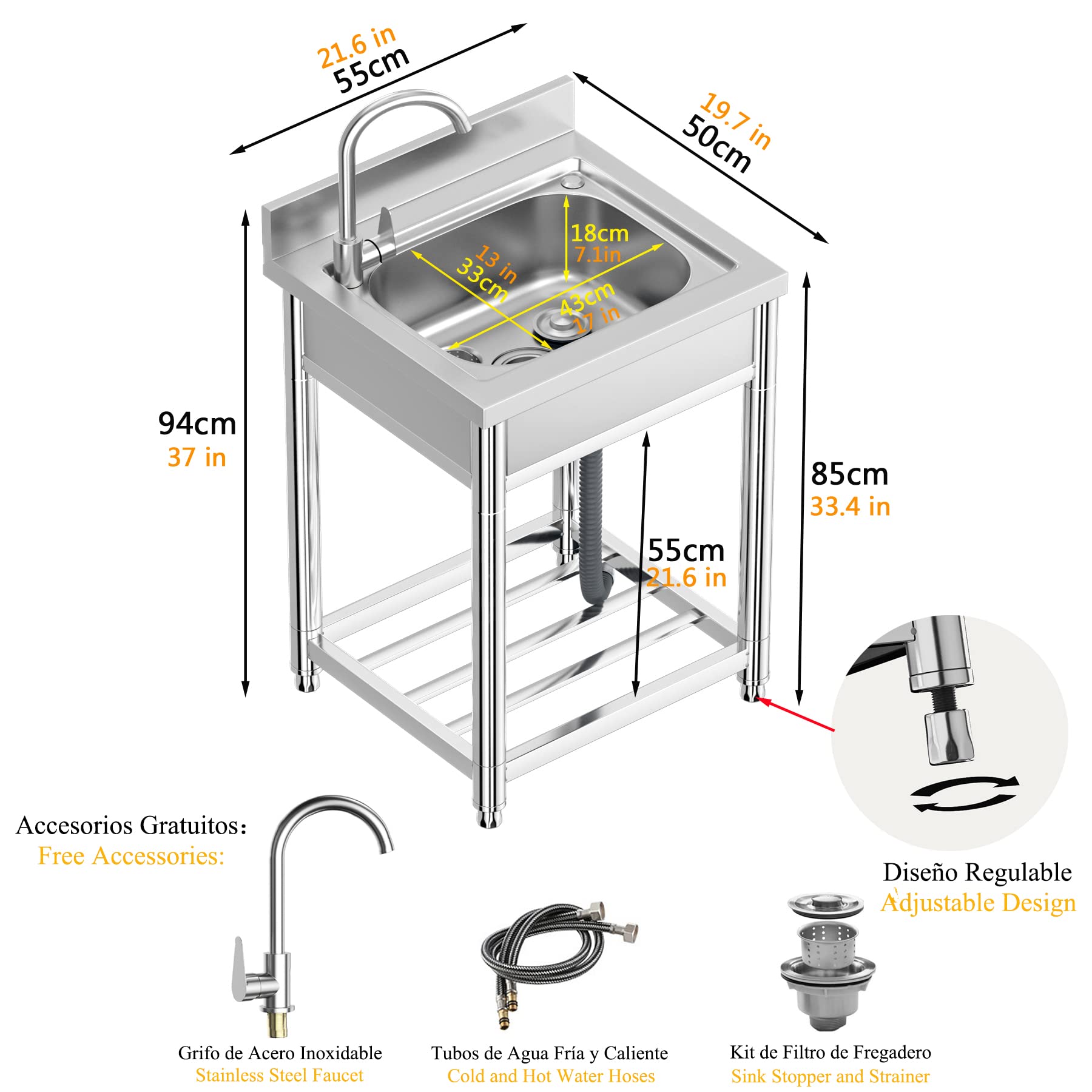 Fregadero Comercial de Acero Inoxidable, 55 × 50 × 94 cm Fregadero de Cocina Independiente con Grifo para Exterior, Fregaderos Industriales con Patas Acero para Cocina, Restaurante, Garaje, Jardín