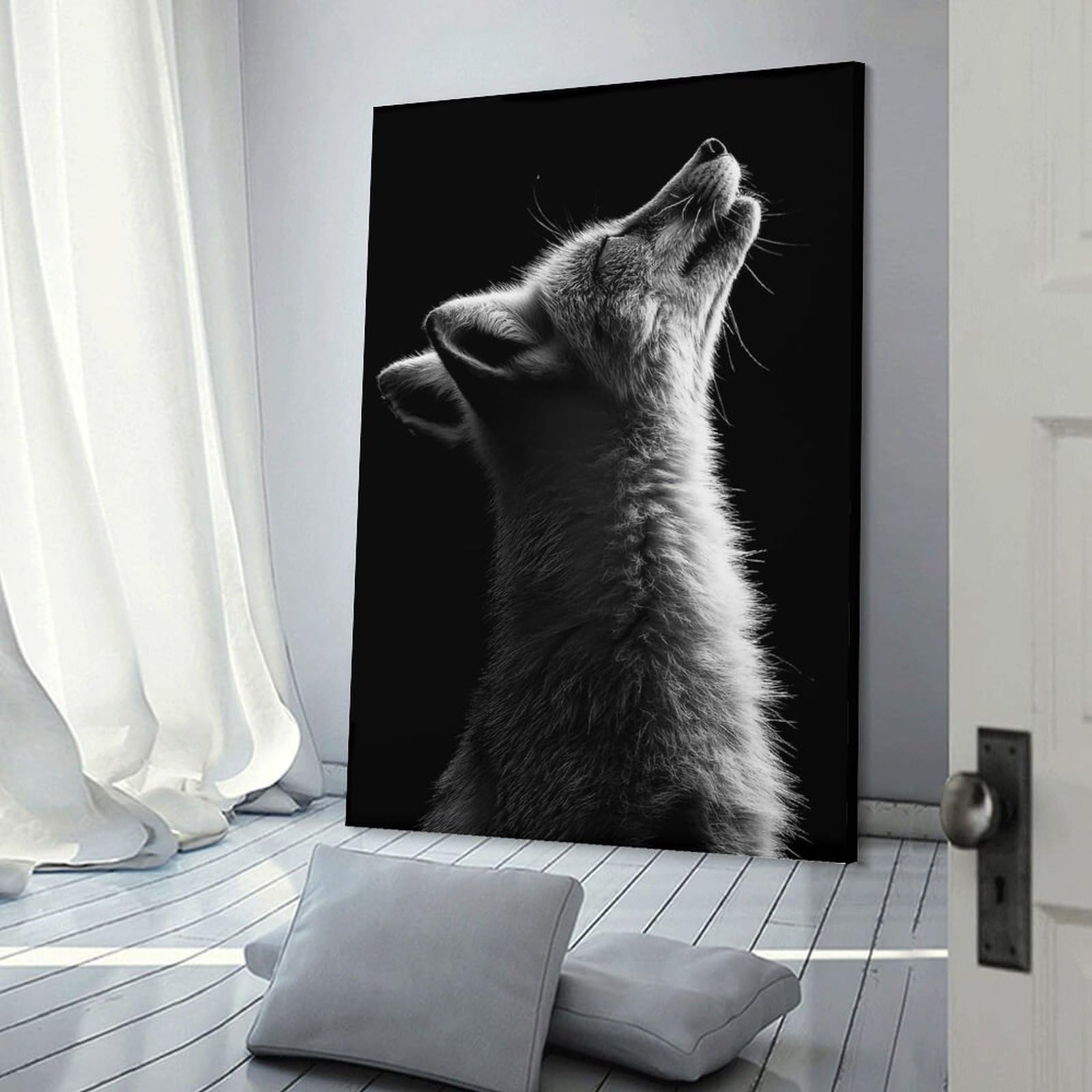 Junmoney Frame-Style-5 Fox Silhouetted Against Black Canvas Wall Picture, 24X36inch(60X90cm), For Living Room, Bedroom Or Apartment Walls, Decorative Artwork For Empty Walls