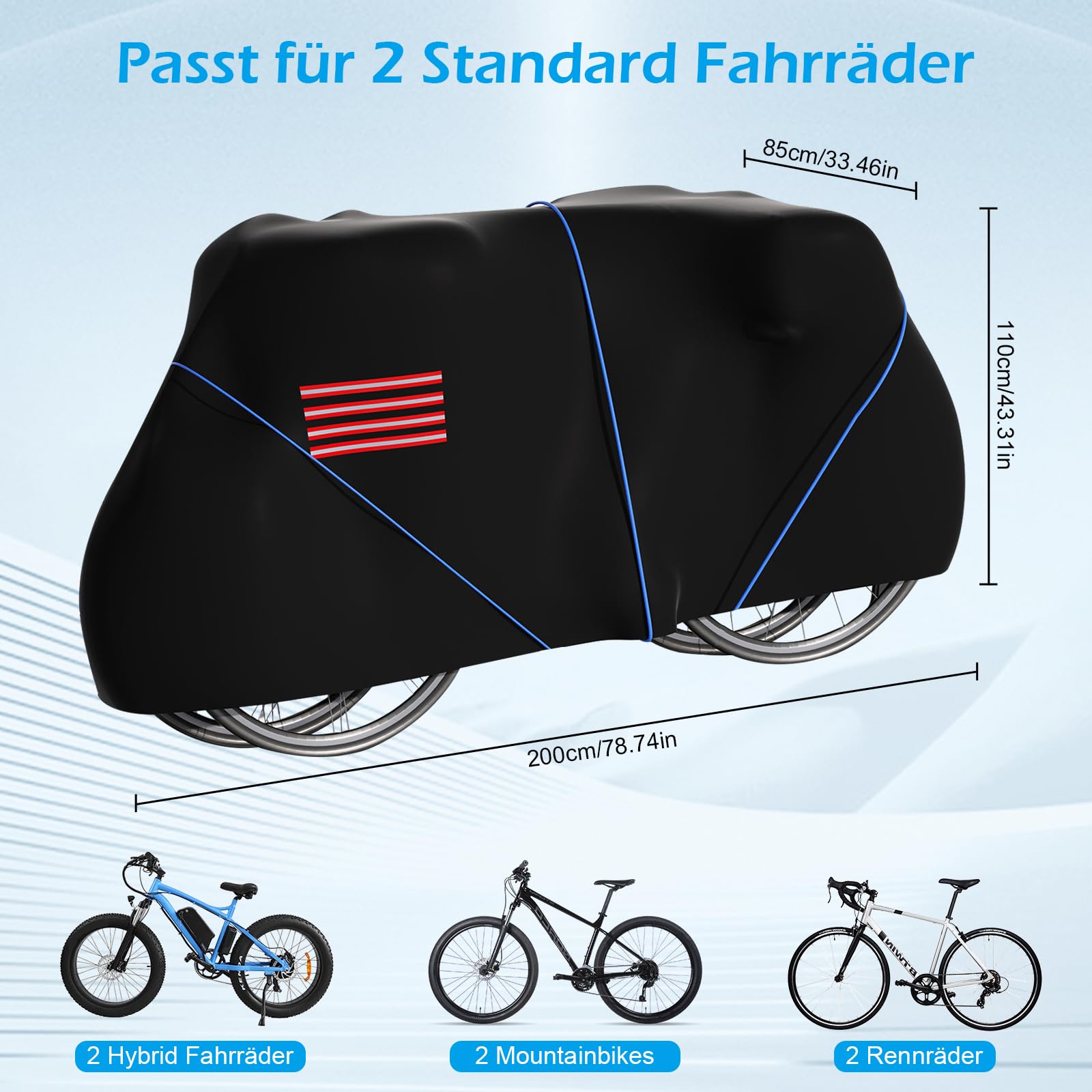 Housse de vélo pour transport de 2 vélos, housse de vélo 600D imperméable pour porte-vélos arrière avec corde de 6 m et bandes réfléchissantes, extérieur 200 x 110 x 85 cm, résistant à la