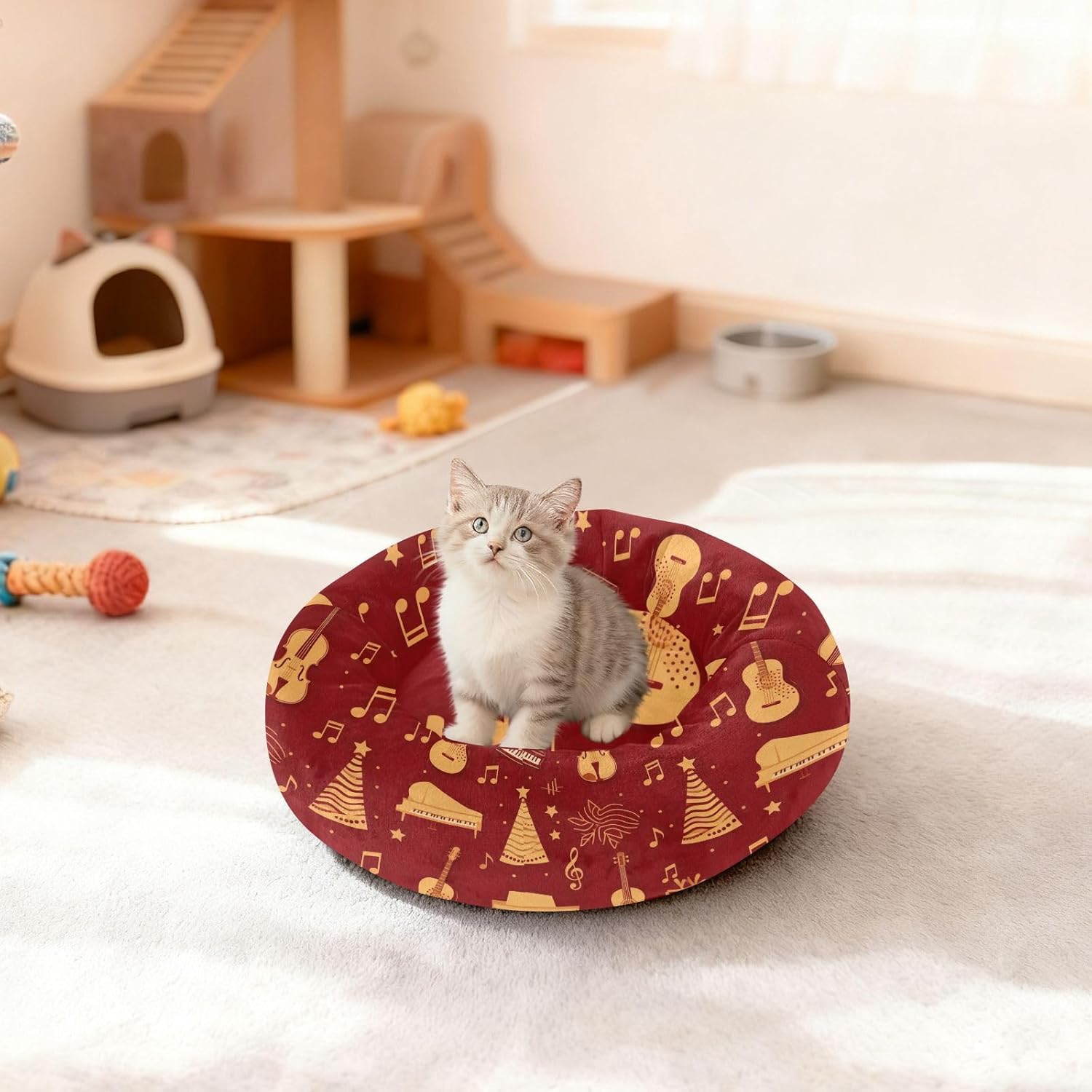 Pet Dog Bed Anxiety Relief Fluffy Cat Pillow Bed for Small Size Pets Sleeping M Musical Instruments and Christmas Elements