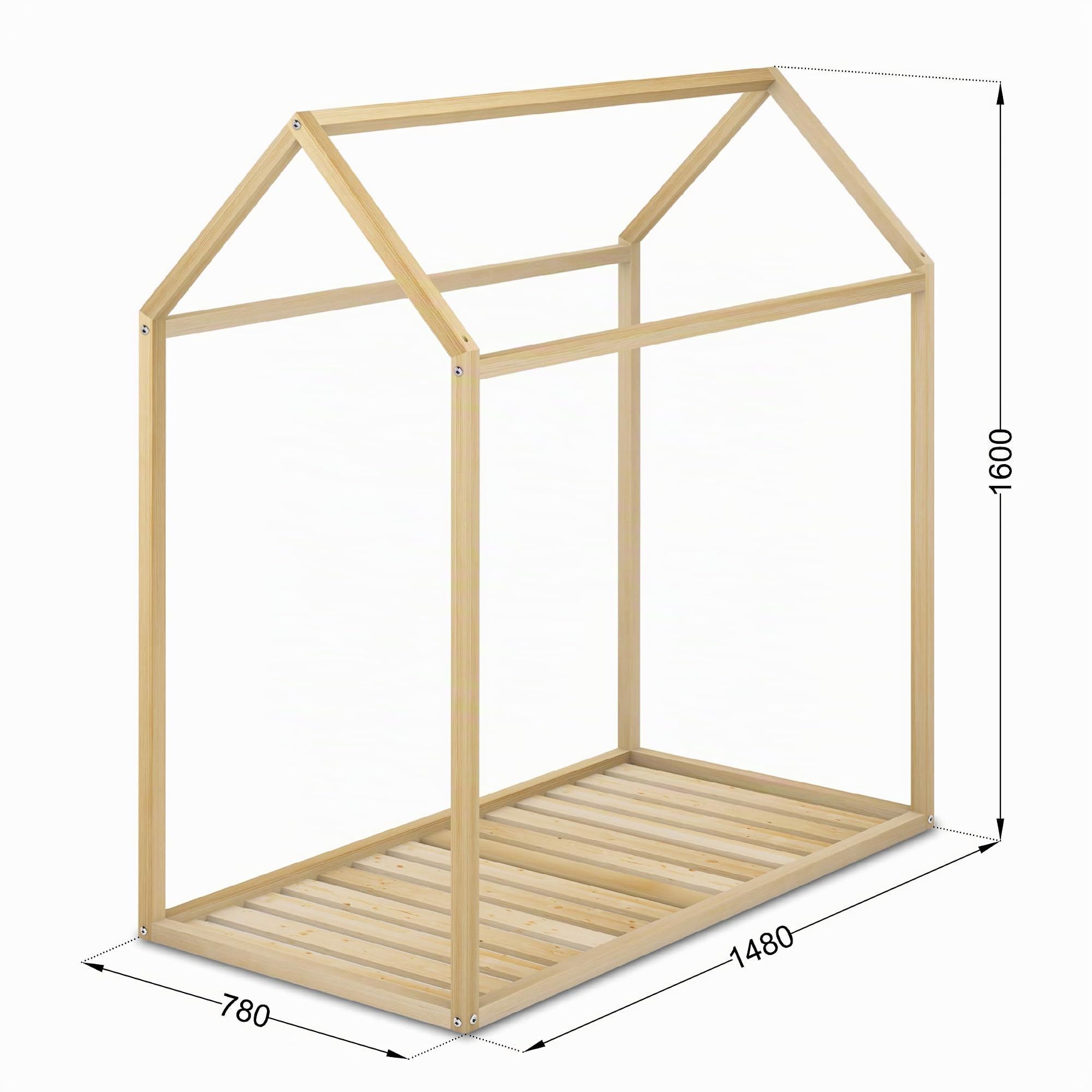 Cama Infantil Tipo Montessori, Casita Madera Natural para niño y niña, 70 x140