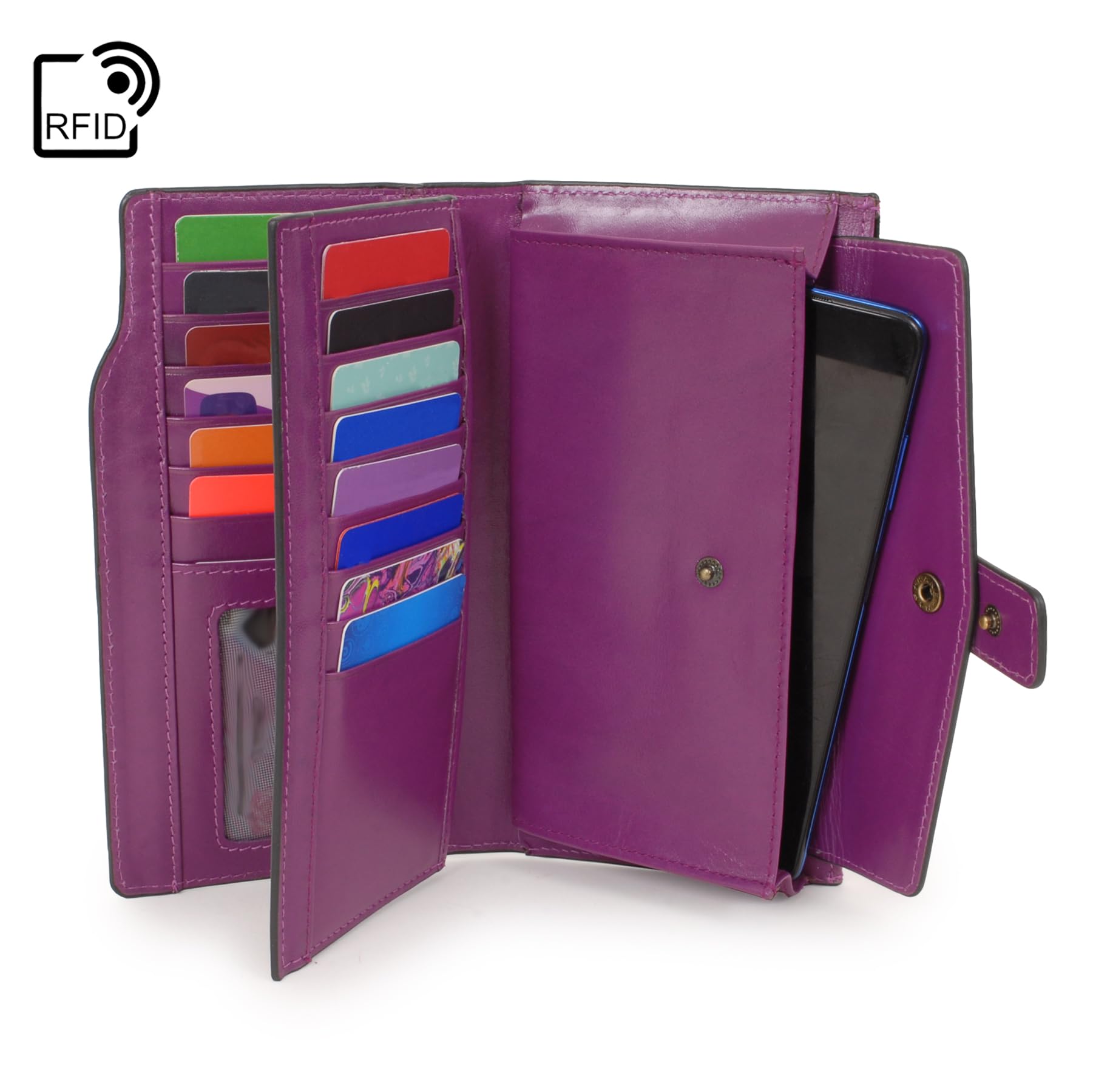 Catwalk Collection Handbags - Grande Portafoglio Donna in Pelle - Portamonete Per Smartphone e 20 Carte di Credito - RFID Protezione - Stella - Viola