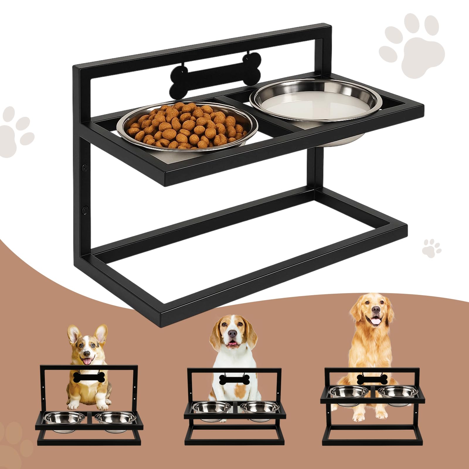 Elevated Dog Bowl Stand with 2 Stainless Steel Bowls, Adjustable Height, Black Metal Frame, for Dry Food or Water