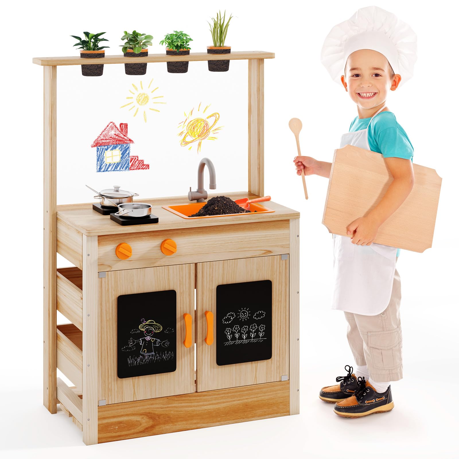 COSTWAY Cucina Giocattolo per Giardino con Lavagna Acrilica per Dipingere, Cucina in Legno di Abete per Bambini con 4 Vasi da Giardinaggio, Set Cucina con Accessori, 68 x 34 x 93 cm