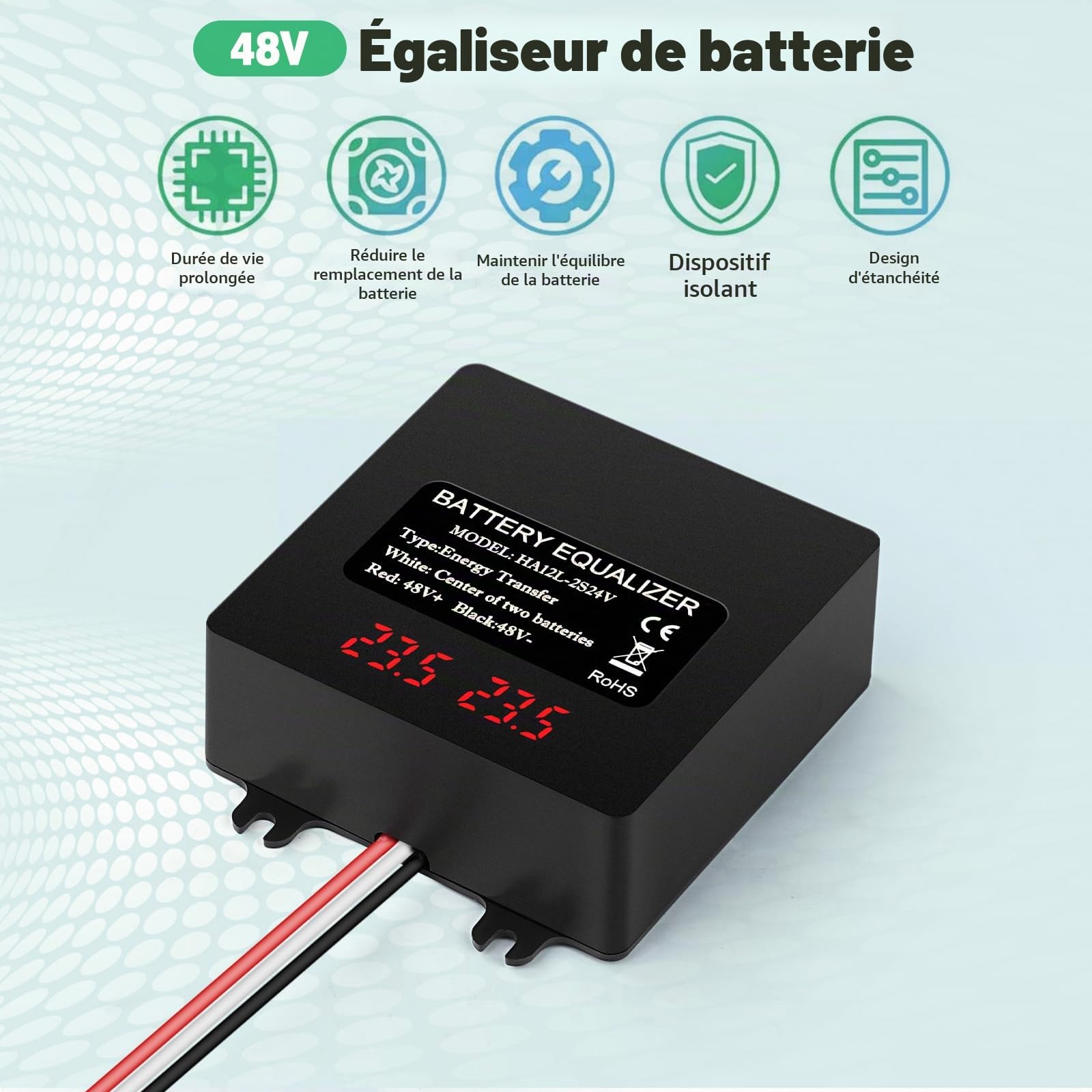Batterie Égaliseur Batterie Solaire Equilibreur de Batteries avec Affichage Numérique pour Tension d'égalisation Plomb-acide Lithium-ion Nickel-métal hydrure 2 x 24V Connexion en série Étanche IP67
