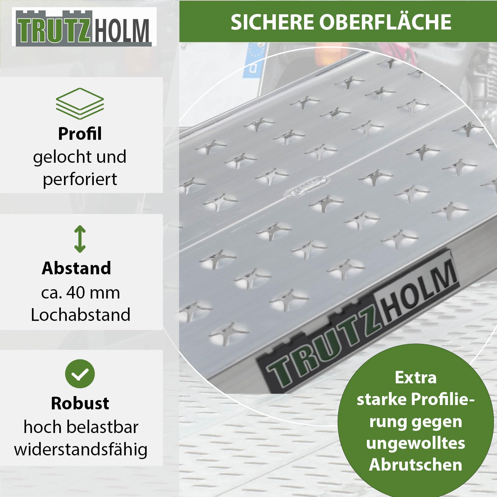 TRUTZHOLM 2 x Auffahrrampen 200 x 28 cm 540 kg als Paar 270 kg Stück Alu gelocht starr grau Verladerampen Motorradrampen
