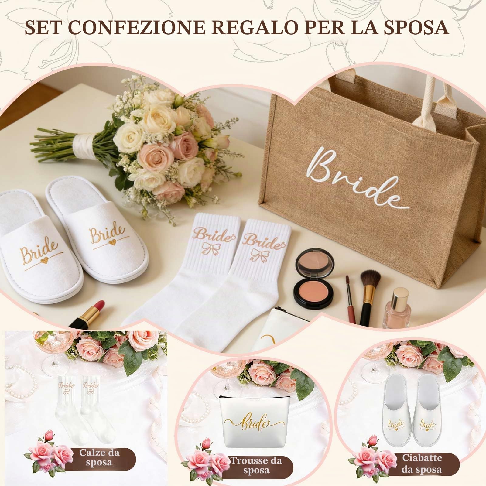 4 pezzi Set di regali per sposa Accessori JGA per donne Borsa in juta con borsa per cosmetici, pantofole, calzini, Borsa cosmetica Bride To Be JGA Borsa in juta per JGA, matrimonio, festa in spiaggia