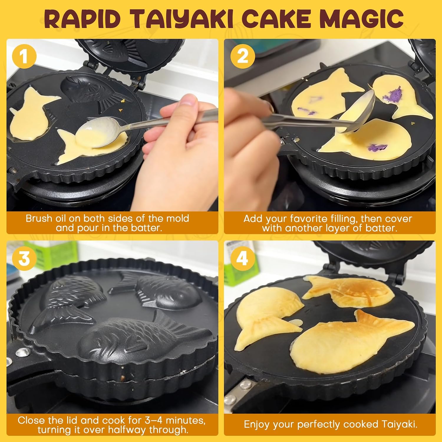 Taiyaki Fish Shape Cake Pan, 3 Fish Taiyaki Waffle Cake Maker, 16.5"