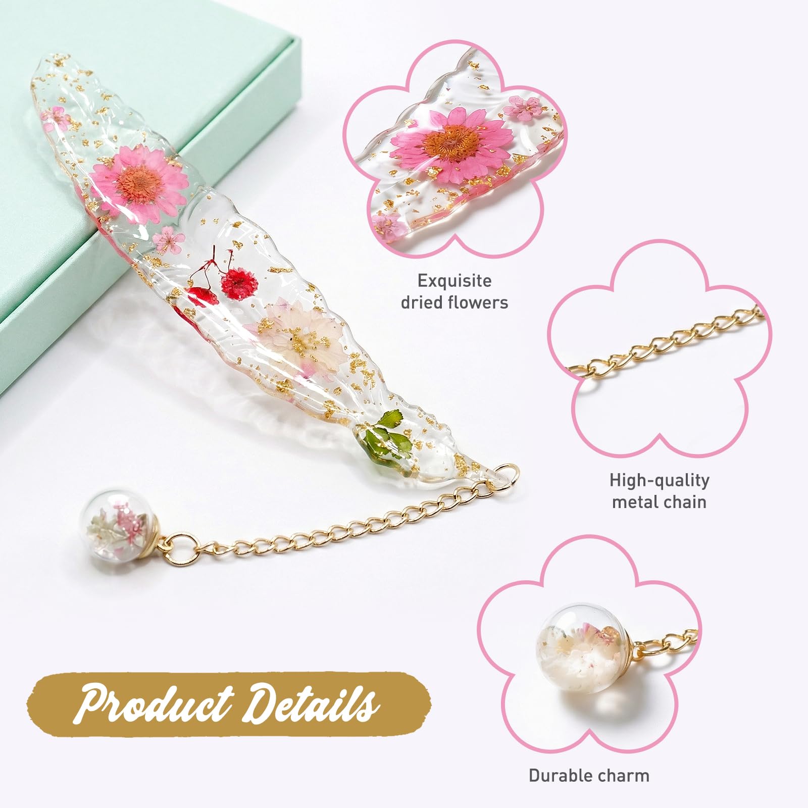 Bojury Bookmark with Page Holder, Pressed Flowers Resin Book Mark Gift for Women, Book Lovers, Teachers, Mothers, Grandmothers & Girls Pink - Image 3
